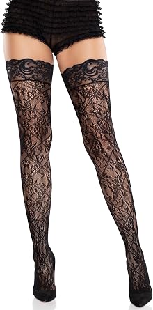 Leg Avenue Womens Cross Hatch and Floral Lace Stay Up Thigh High Stockings for Women Sexy, Black, One Size