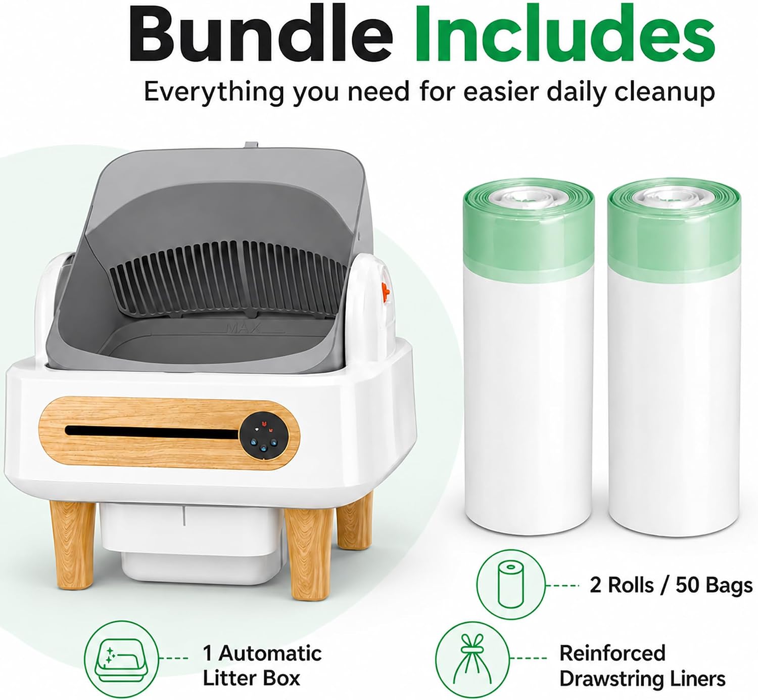 RPZ Automatic Cat Litter Box with Cat Litter Bags, Open-Top Self-Cleaning Litter Box with 2 Rolls 50 Count Drawstring Waste Liners image 2