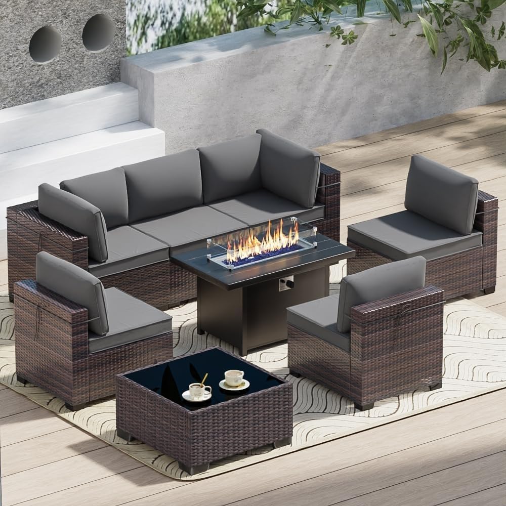8 Pieces Outdoor Patio Sectional Sofa Couch, PE Wicker Furniture Sets, Patio Conversation Sets with Washable Cushions Glass Coffee Table and Gas Fire Pit Table for Garden, Poolside, Backyard