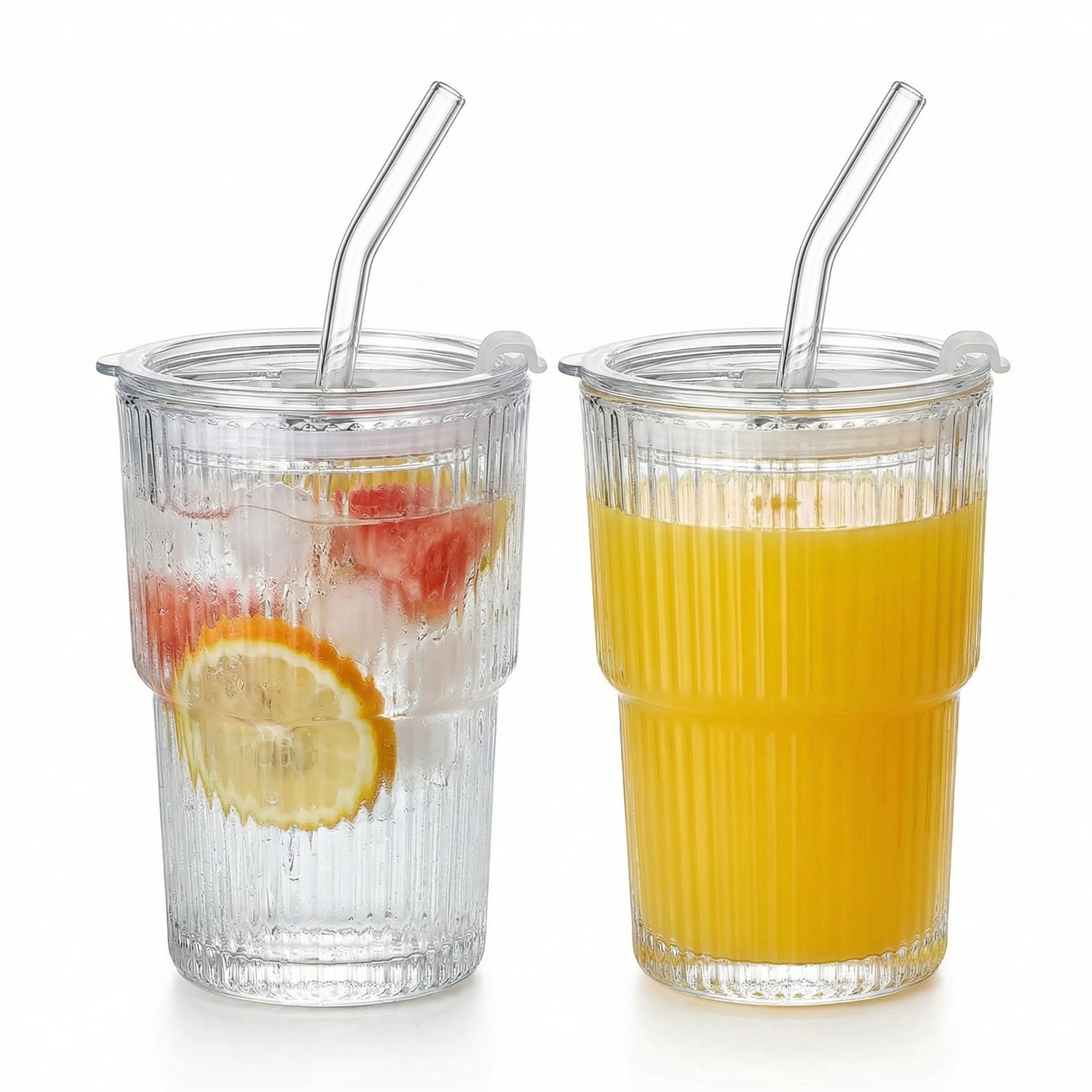 Glass Iced Coffee Cups with Lids & Straws - 2 Pcs 600ml Large Reusable Tumblers for Cold Drinks - Perfect for Smoothies, Bubble Tea, Matcha Latte & Iced Coffee
