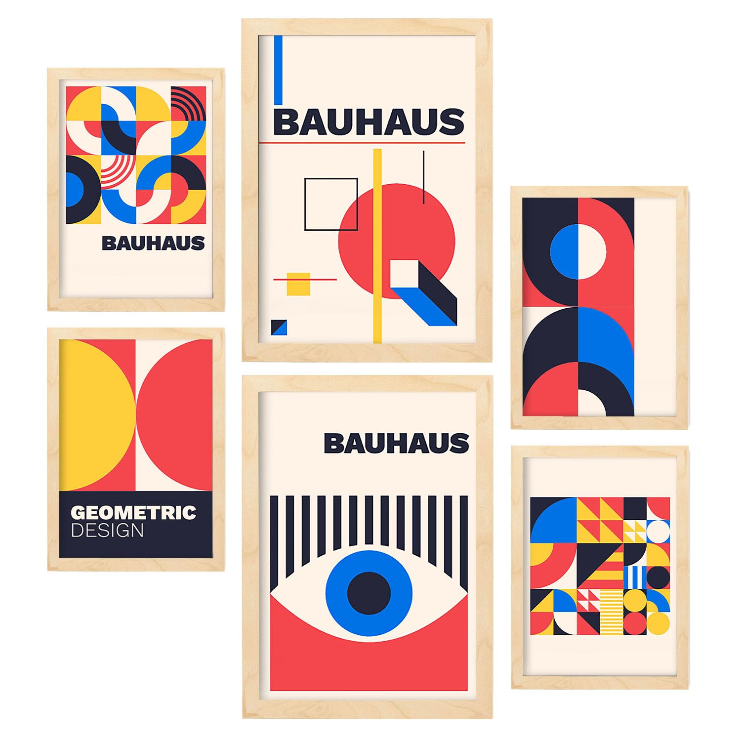 Nacnic Set de 6 Laminas en Bauhaus Style 3 Laminas de colección de diseño geométrico con marcos Cuadros decorativos para su sala de estar, dormitorio, hogar Tamaños A4 y A3 con marcos de madera ligera