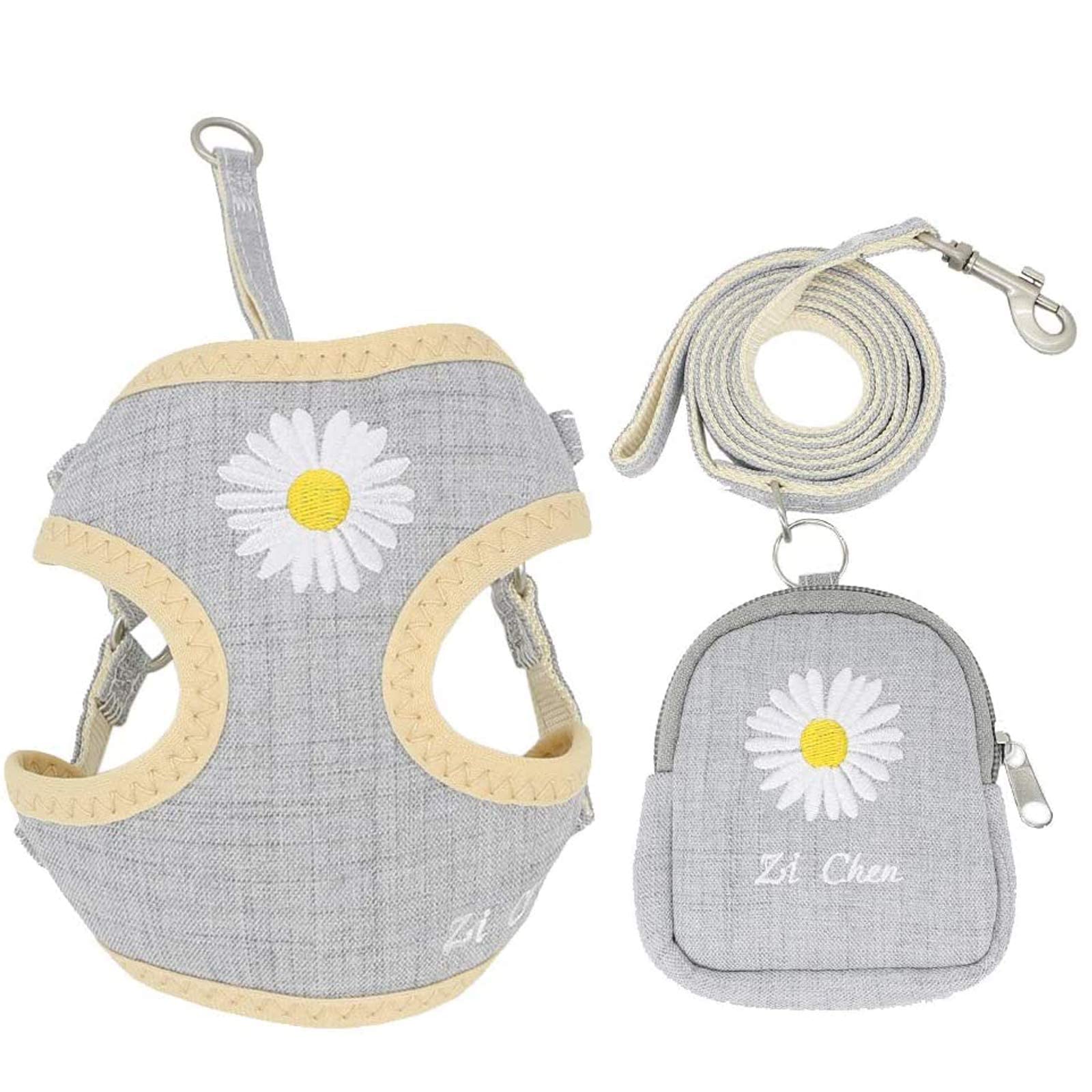 PETCARESmall Dog Harness Leash Set with Bags Cute Daisy No Pull Dog Harnesses for Small Dogs Cats Soft Breathable Mesh Puppy Dog Vest Harness (S(Suggest Weight 3-8 lbs), Grey)
