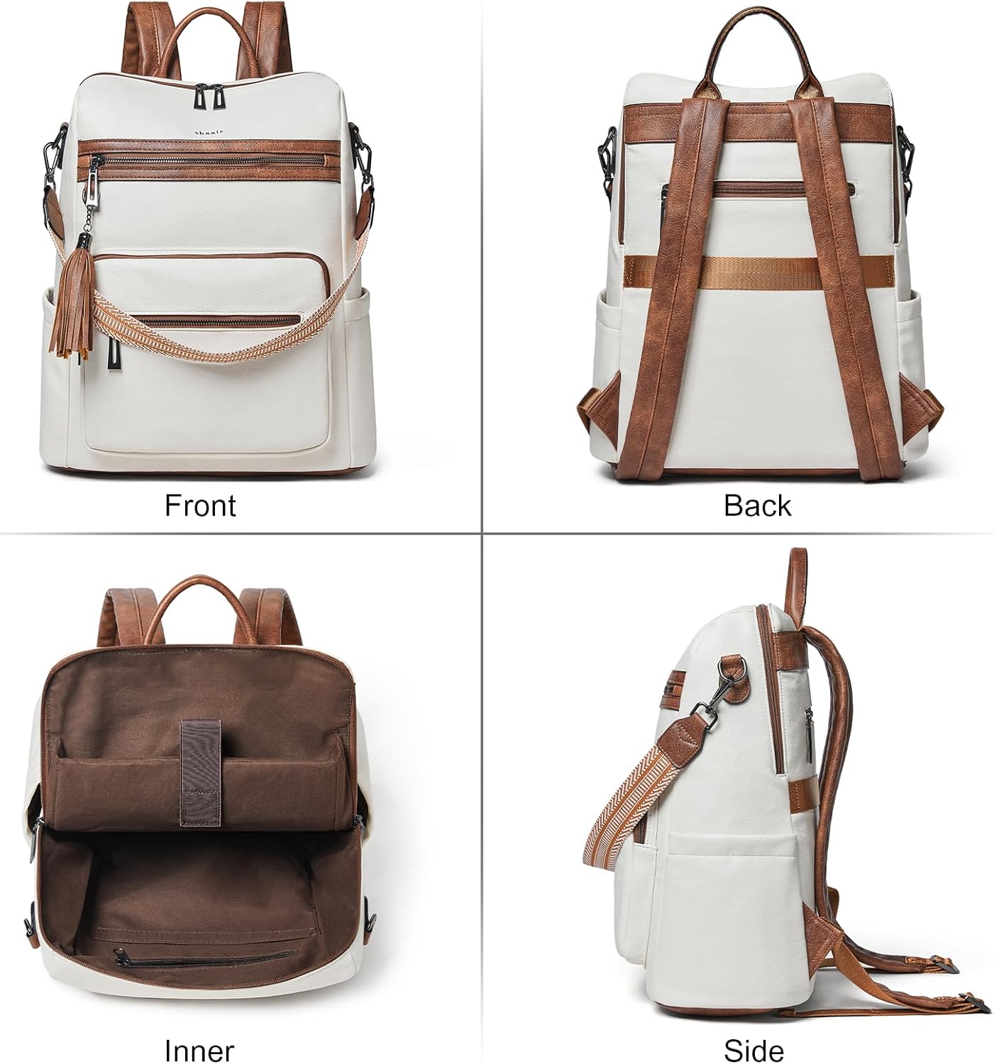 Shrrie 15.6 inch Laptop Backpack for Women,Large Leather Backpack Purse,Travel,Carry on,Water Resistant Casual Laptop Backpacks,College Backpack,Work Backpack for Women,Beige with Brown - Image 3