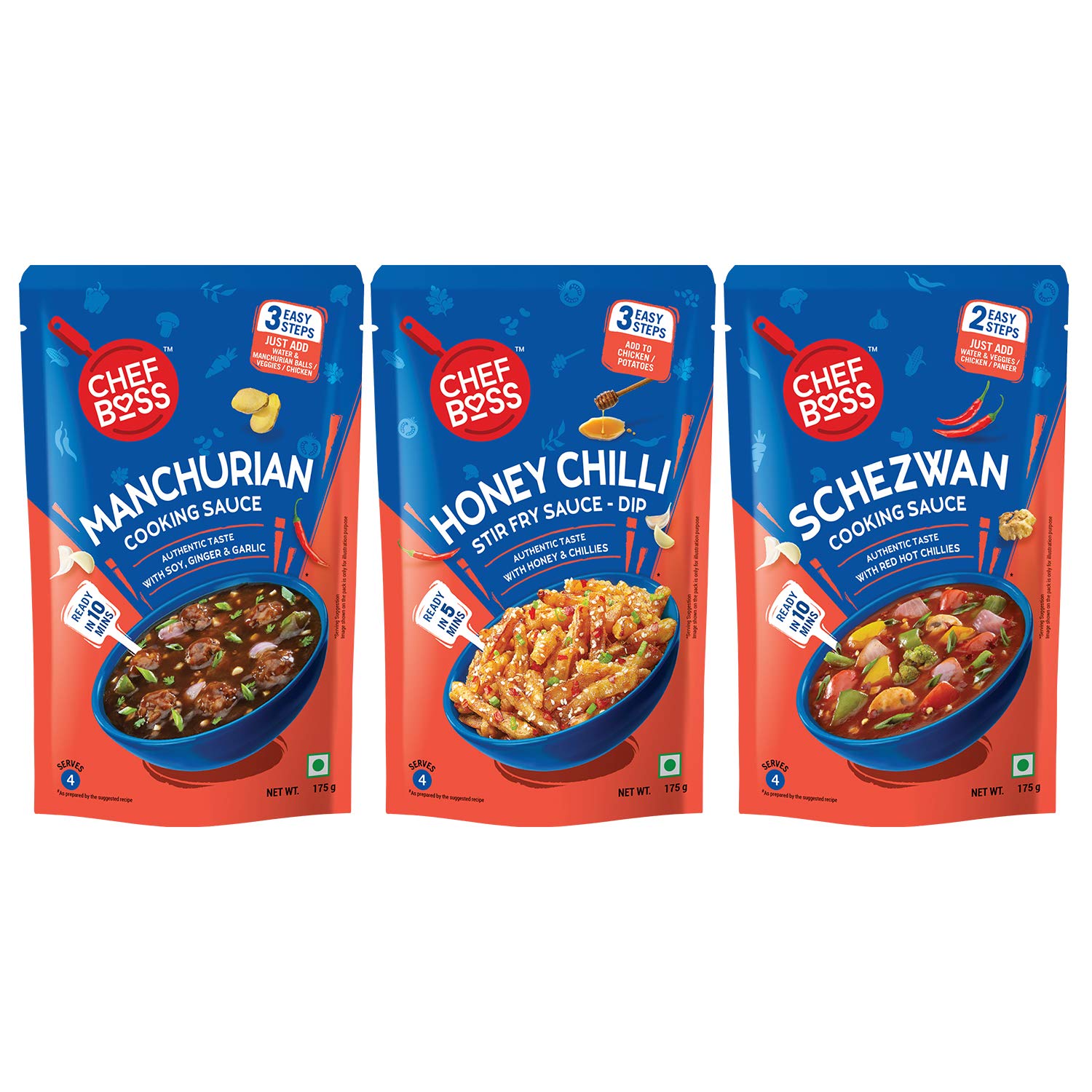 ChefBoss Ready to Cook Combo Schezwan Cooking Sauce, Manchurian Cooking Sauce, Honey Chilli Stir Fry Sauce and Dip Pouch, Chinese Combo, 525 Gram