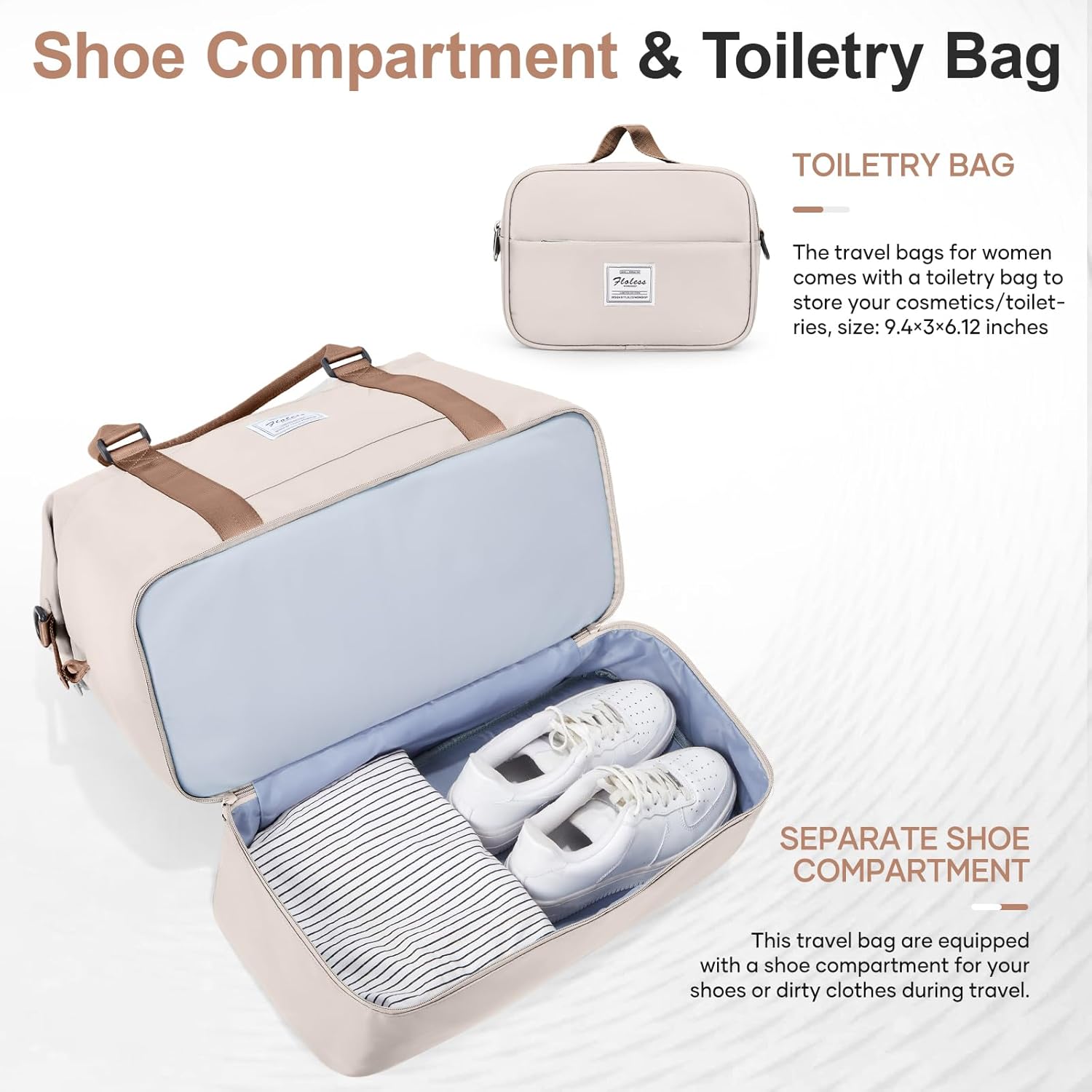 Overnight Weekender Bags for Women,Vacuum Travel Duffel Bag with Air Pump, Personal Item Travel Bag with Shoes Compartment & Compression Pocket,Beige & Brown - Image 6