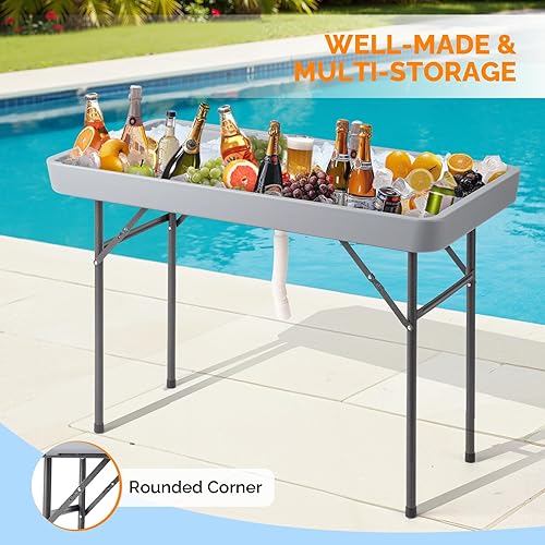 Miniatura 35 de VINGLI Mesa plegable para fiestas de 4 pies, portátil, para campamento y pesca, plástico con falda a juego, mesa de hielo para fiestas, barbacoas