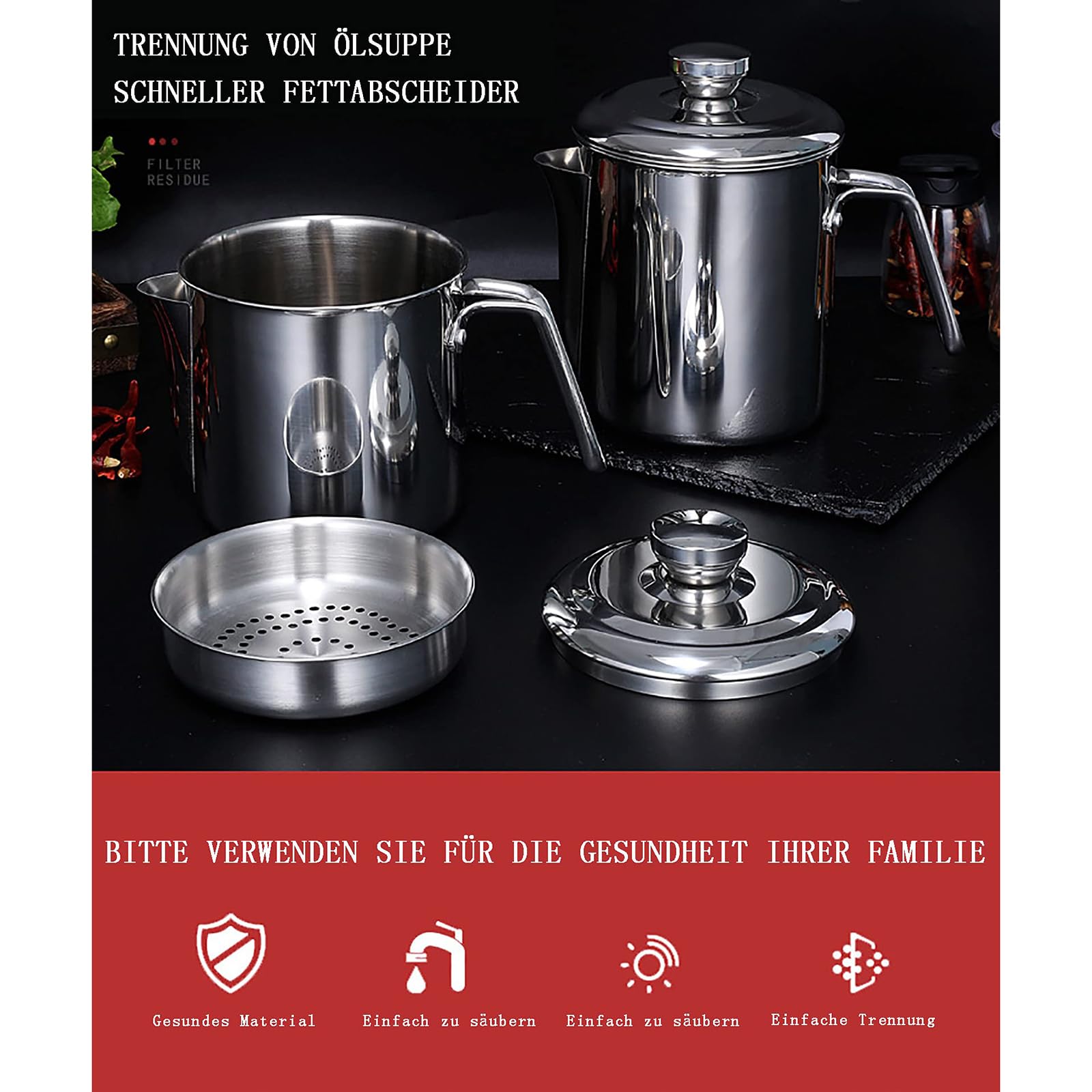 1800 ML Fettabscheider Edelstahl, Fetttrennkanne, Soßen Fetttrenner Sauciere Fetttrenner Mit Deckel Für Das Abschöpfen Von Fett Aus Soßen Und Suppen,Silber