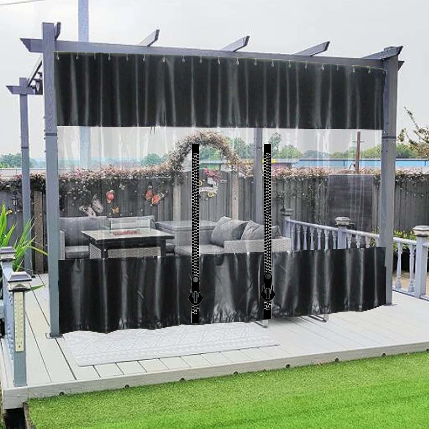 Waterproof Outdoor Curtains with Clear Vinyl Panels,PVC Tarpaulin with Zipper,Patio Outdoor Vinyl Curtains,0.3mm Thick,Customizable Clear Tarp Curtain,L×H-1.8×2m(71 * 79in)