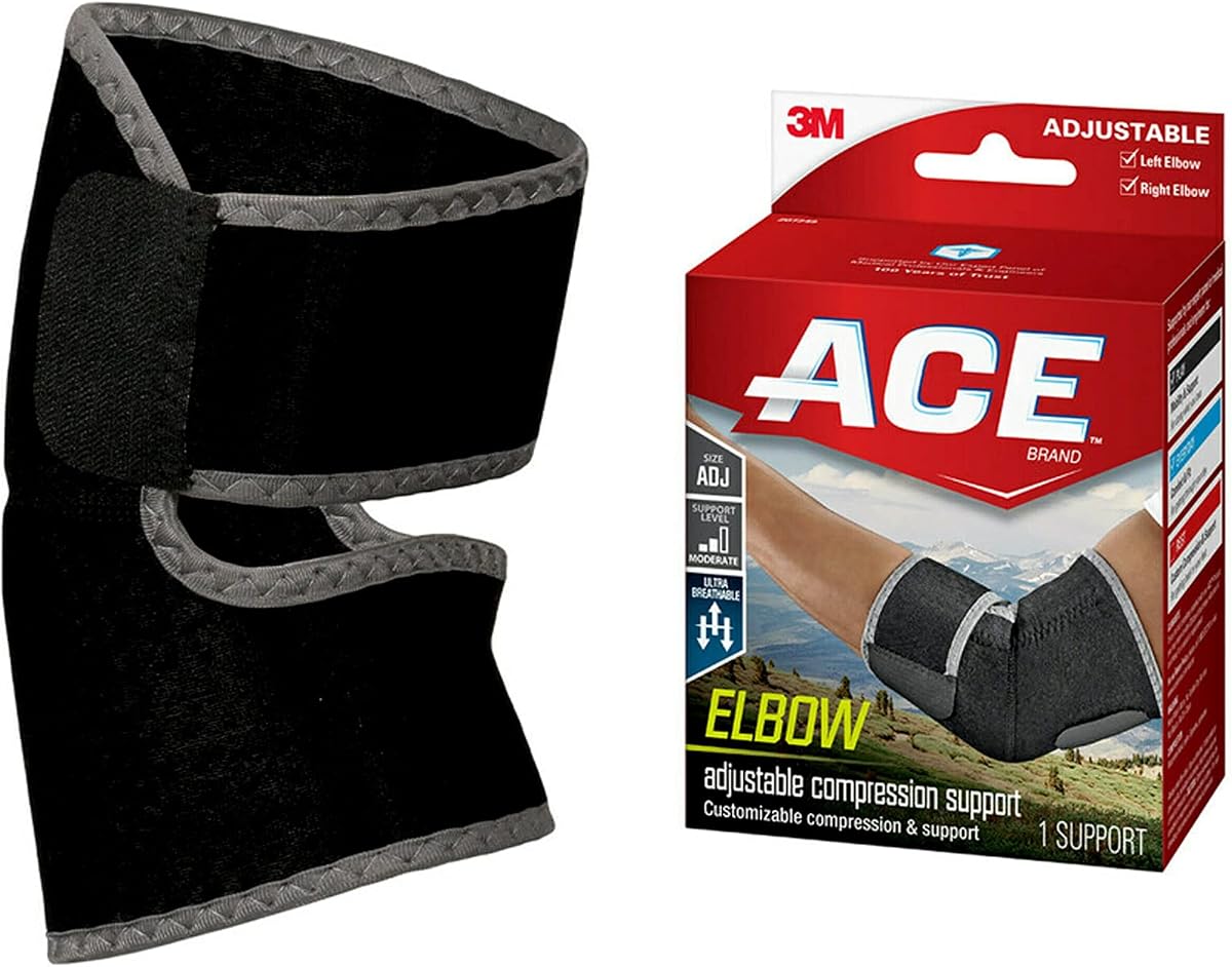 ACE Brand Adjustable Compression Elbow Support, Moderate Support for Weak, Sore or Injured Joints, Adjustable Features, One Size Fits Most