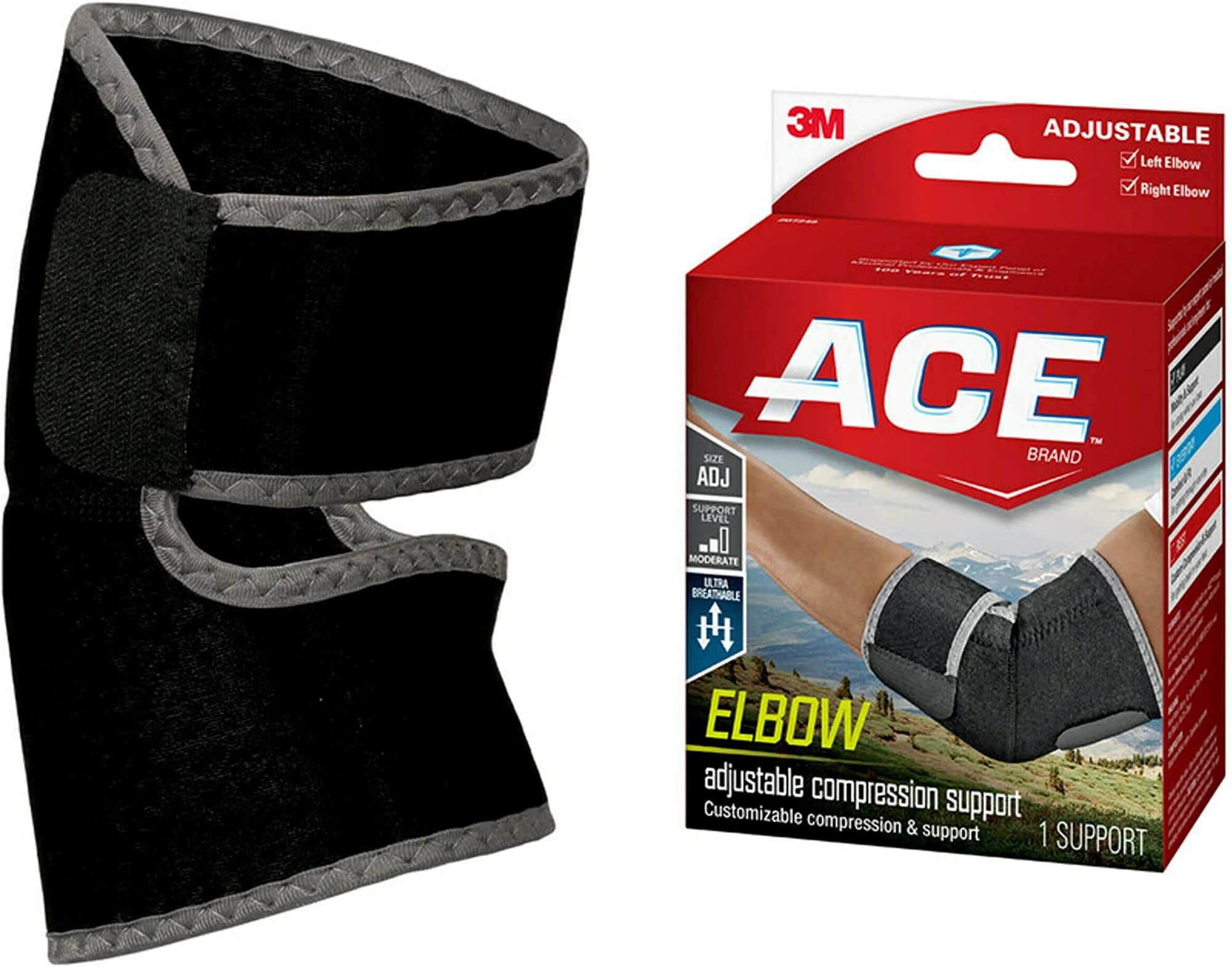 ACE Brand Adjustable Compression Elbow Support, Moderate Support for Weak, Sore or Injured Joints, Adjustable Features, One Size Fits Most