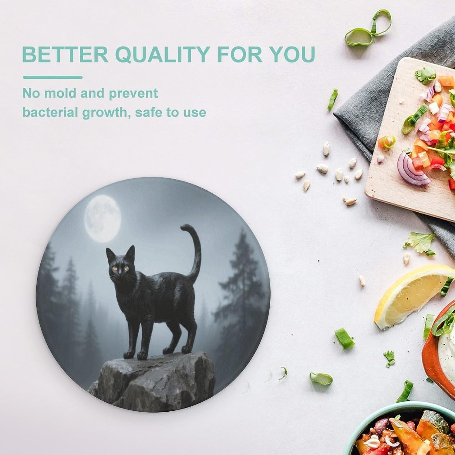 Black Cat Tempered Glass Cutting Board Sturdy Chopping Block Personalized Large Butcher Block Lightweight Round Chopping Mat for Kitchen Non Slip