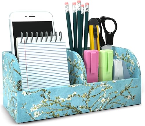 Miniatura 9 de QIELIZI Remote Control Holder,PU Leather 360-Degree Rotating Supply Organizer Box with 5 Compartment Multi-functional Office Organization and