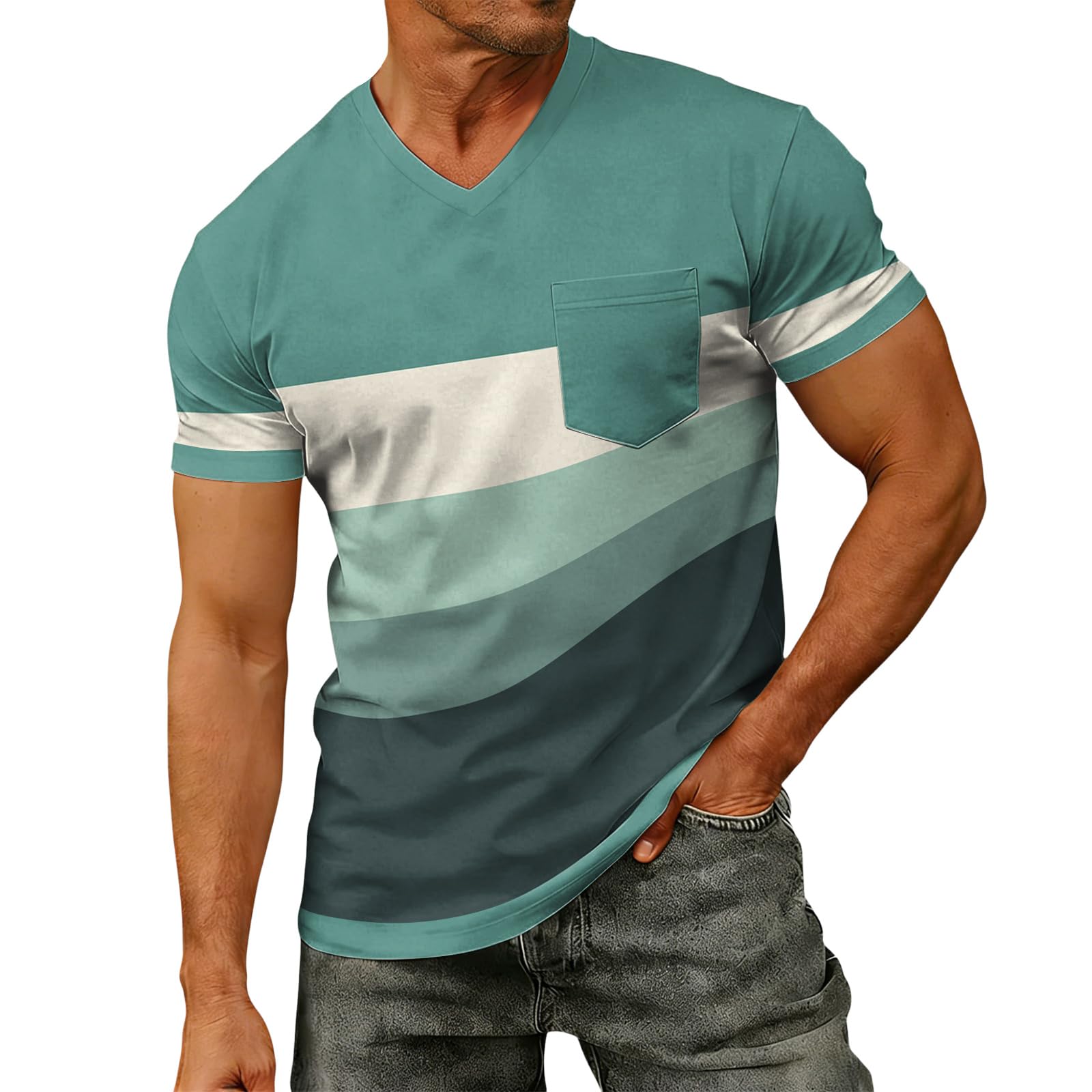 Mens Pocket T-Shirts Mens Casual T Shirts Short Sleeve V Neck Color Block Graphic Tees Shirt Summer Tops
