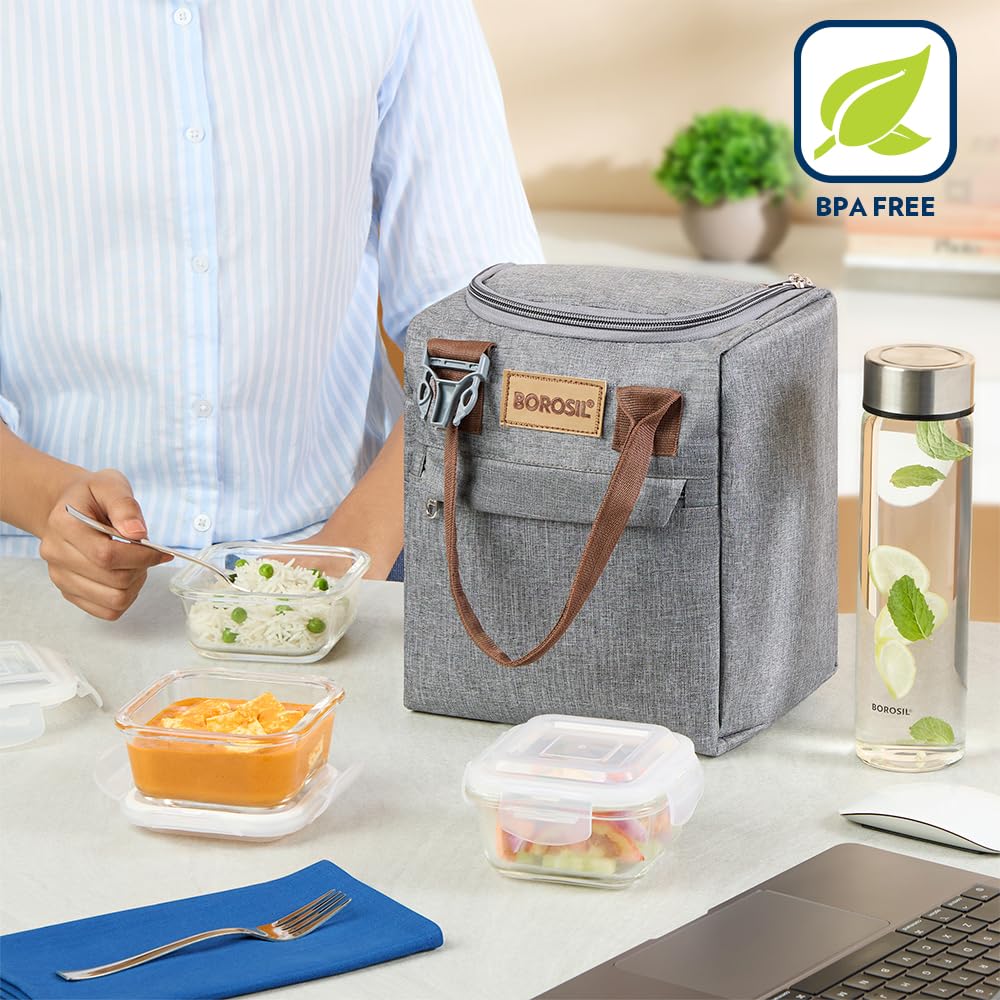 Borosil Gourmet - Fiambrera de vidrio de borosilicato con bolsa, juego de 3 piezas (320 ml cada uno) + 1 botella de vidrio (550 ml), apta para microondas y lavavajillas, a prueba de fugas, para