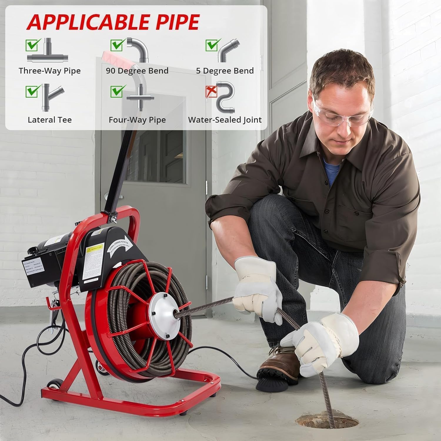 Electric Drain Cleaning Machine 75FT - 3/8 Inch 370W Sewer Snake Auger Cleaner Electric Clog Remover Plumbing Tool,Drain Machine 4 Cutter Blades, Air-Activated Foot Switch and Protective Gloves