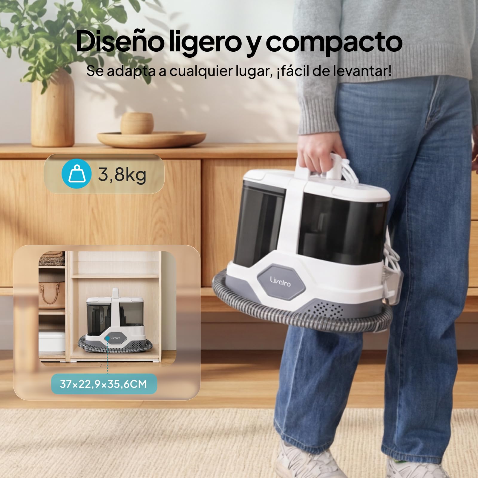 Livatro Aspiradora de Agua Tapicería, 600W 16kPa Limpiador de Tapicerías, 2,3L Depósito, Limpieza de Sofás con Función de Autolimpieza, Lava Aspiradora para Alfombras, Moquetas, Tapicería y Coche
