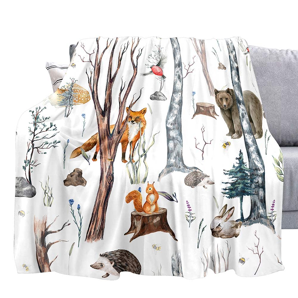 LUVIVIHOME Forest Woodland Animals Throw Blanket, Bear Deer Fox Rabbit Cabin Lodge Blanket for Kids, White Blanket, Twin Blanket, Cozy Soft Fuzzy Flannel Fleece Blanket for Bed, Couch, Sofa, 60