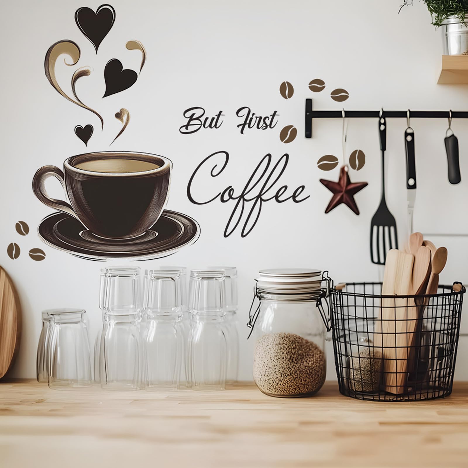 Wandtattoo Wandaufkleber Kaffee Zeit But First Coffee Eule Cappuccino Wandsticker Wanddeko für Küche Esszimmer