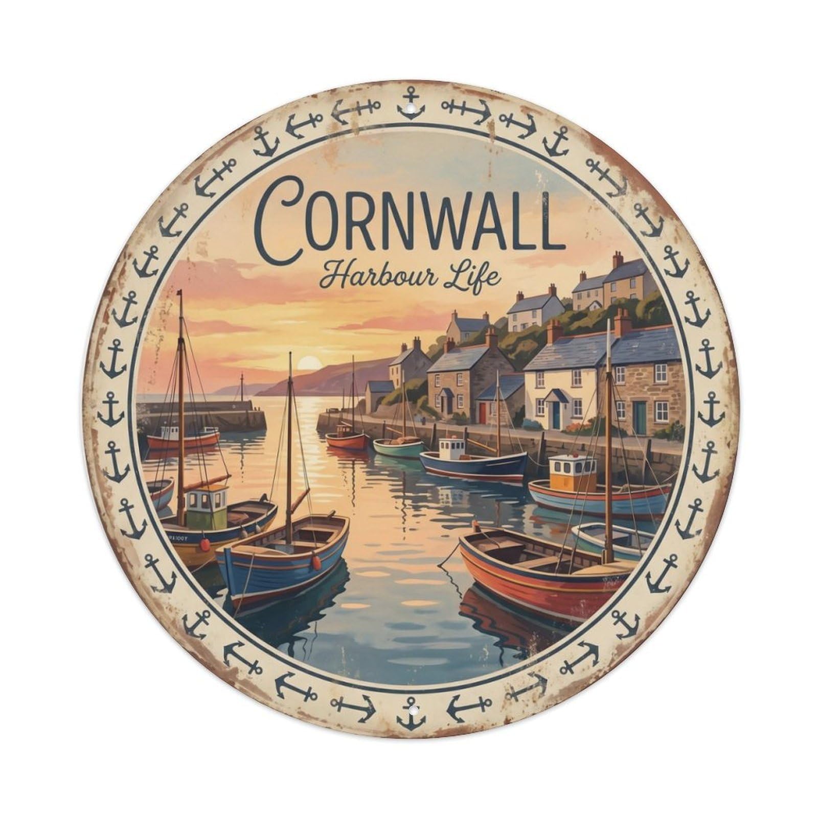 Vintage Travel Cornwall Fishing Village Metal Tin Sign Plaque Wall Decor for Cafe, Club, Garden Round Metal Poster 8x8Inch