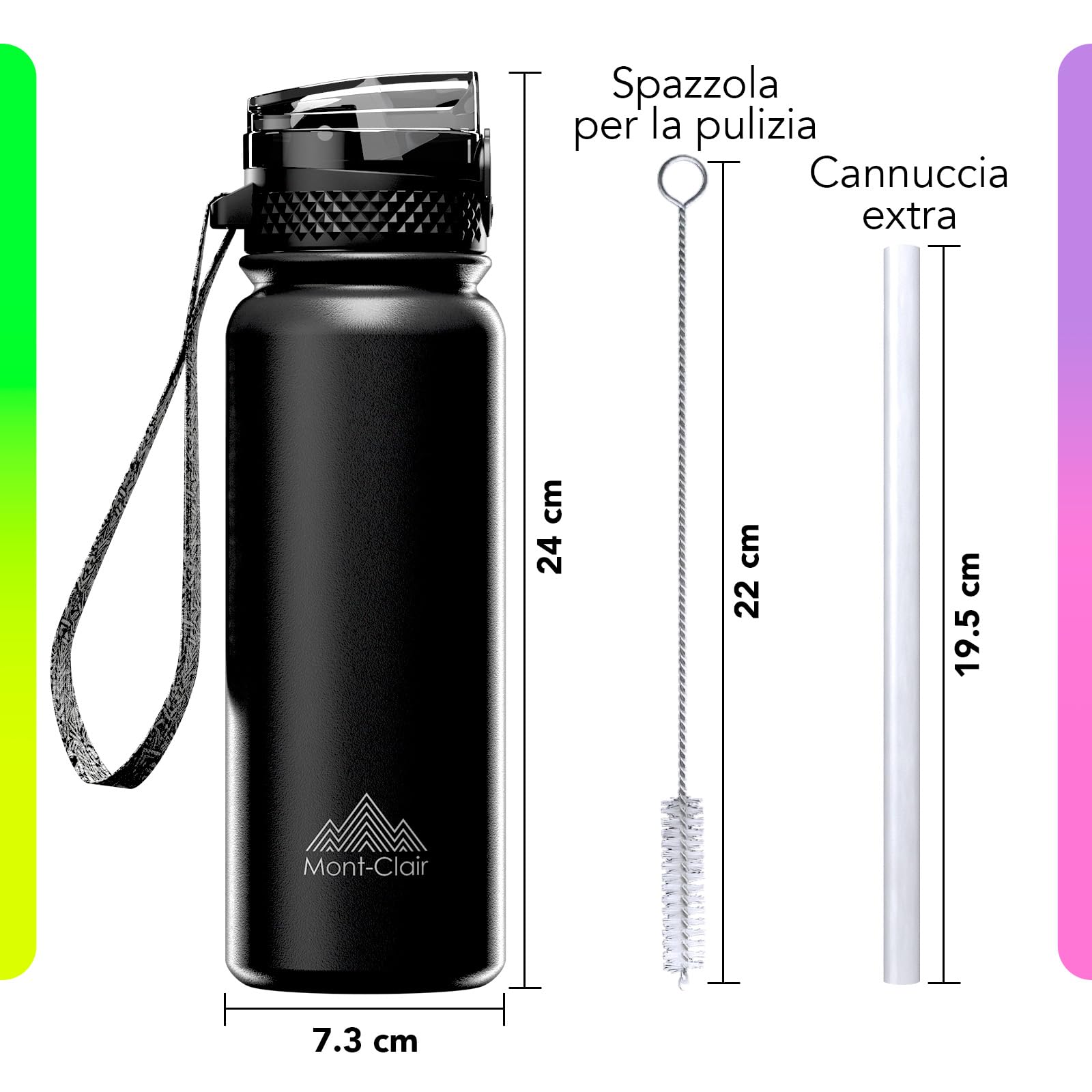 Mont-Clair Borraccia in Acciaio Inossidabile con Cannuccia - 600ml - Borraccia in Metallo senza BPA - Bottiglie d'Acqua per Bici Campeggio Sport - Disegno Brevettato - Nero