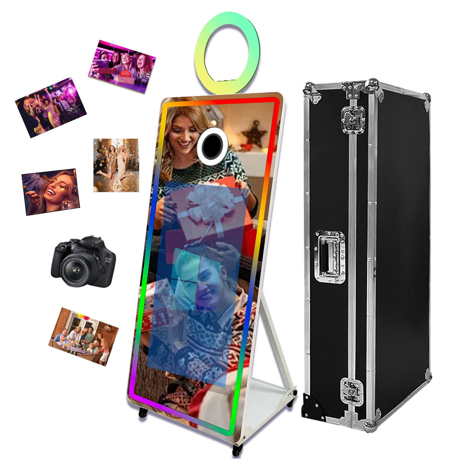65 Inch Portable Magic Mirror Photo Booth,43inTouch Screen Mirror Photo Booth with RGB Light,Selfie Photo Booth with Flight Case (White, 65 inch(43''Screen)+Camera)