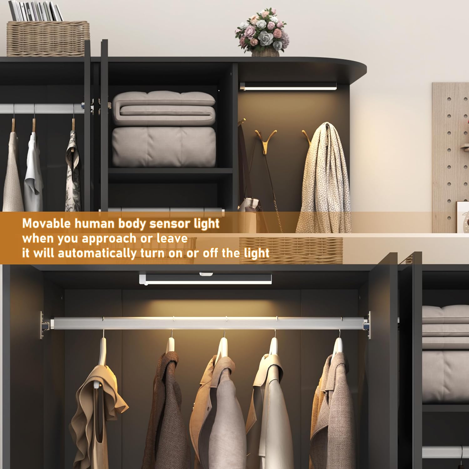 XVD Armoire Wardrobe Closet with Mirror & Sensor Light, Bedroom Armoire with 5 Doors & 2 Drawers, Modern Wooden Large Wardrobe Closet with Shelves, 4 Hooks, 2 Hanging Roods, Open Space, Black