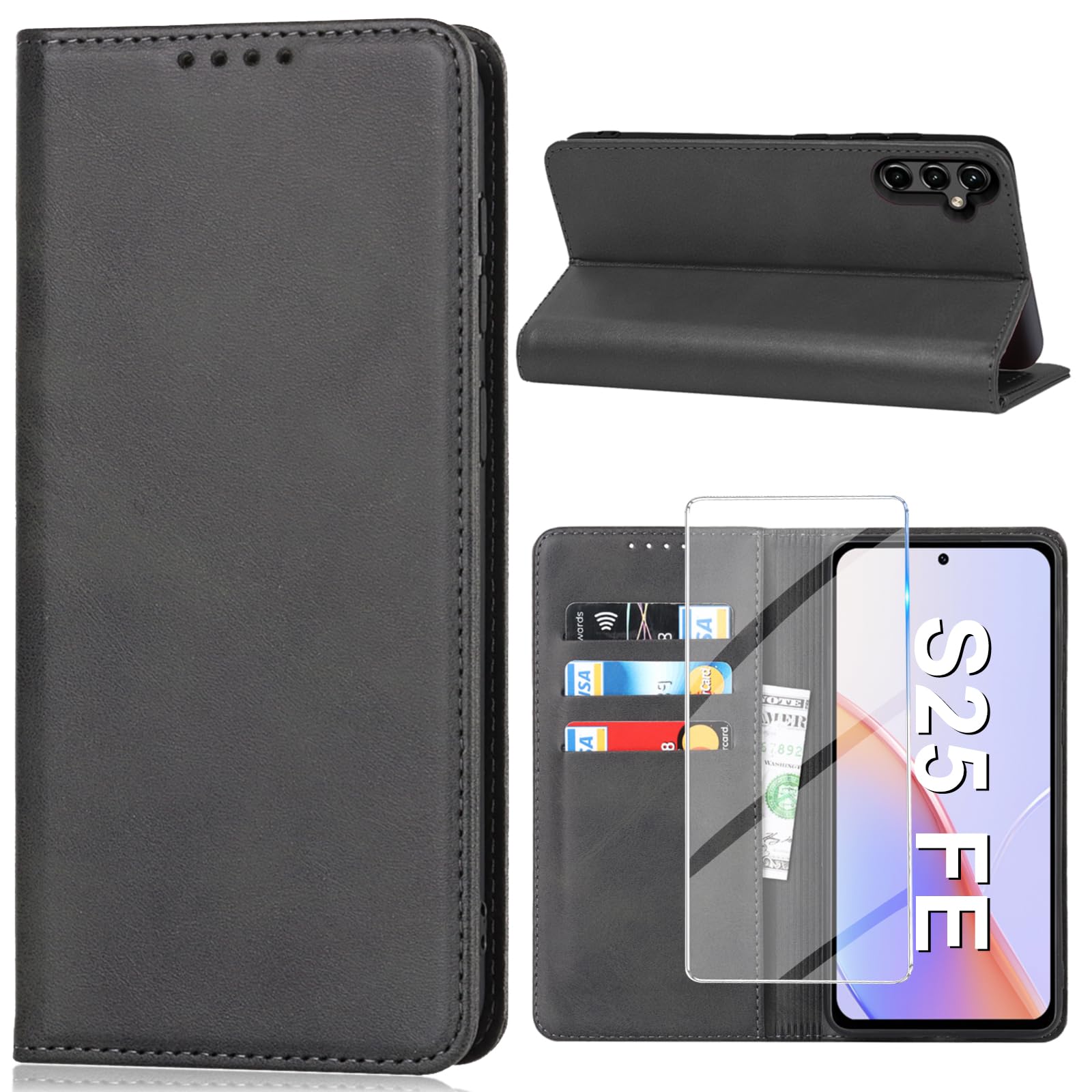 Vaki für Samsung Galaxy S25 FE Hülle mit Schutzfolie, Schutzhülle PU Leder Wallet Kartenfach Klapphülle, Handyhülle für Samsung S25 FE 5G Flip Case Cover Coqu Tasche Handyschutz (Schwarz)