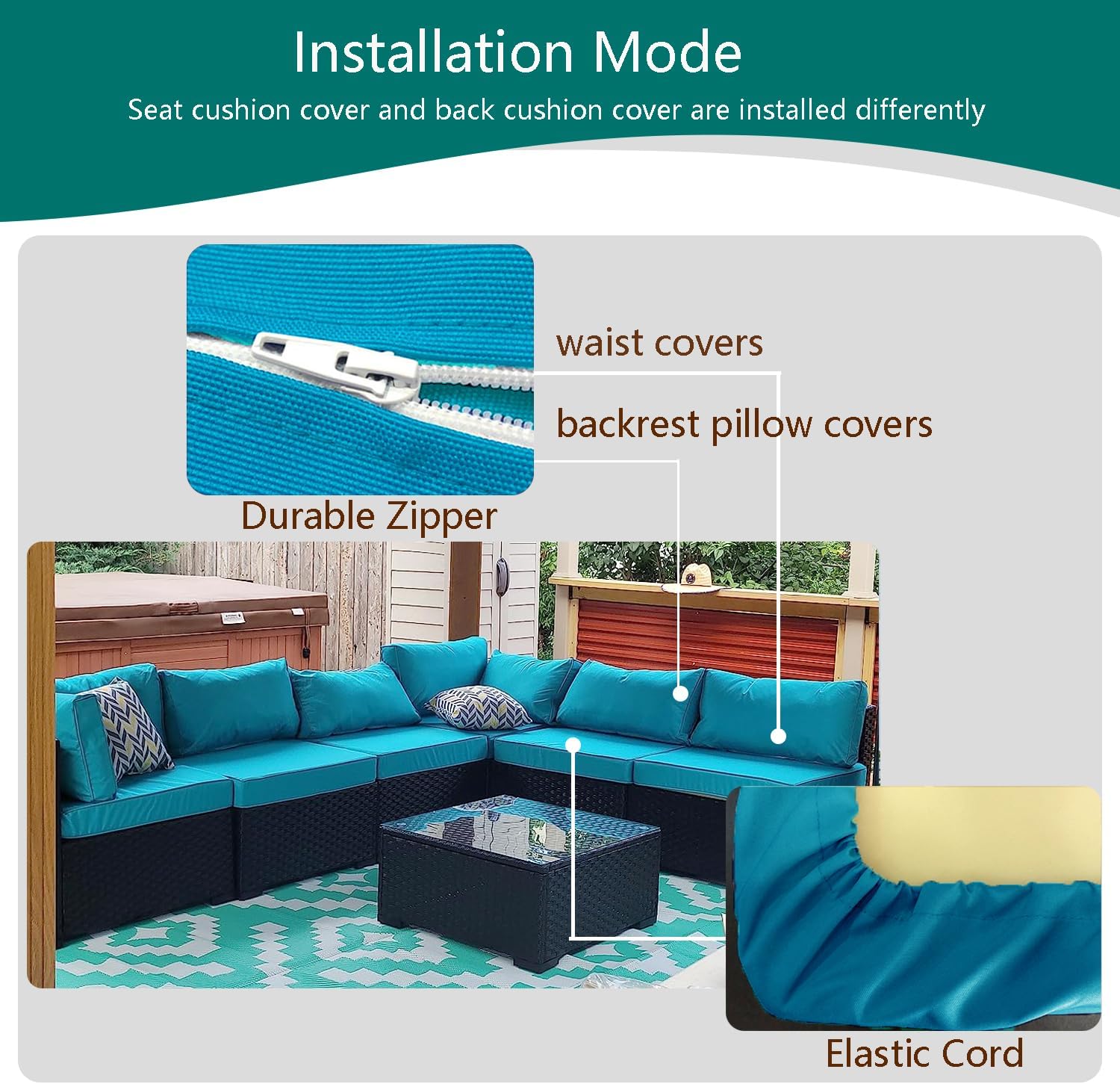 Outdoor Cushion Covers Replacement 14 Pcs Patio Cushion Covers fit for 7Pieces 6-Seater Wicker Rattan Sectional Couch Sofa Outdoor Cushion Slipcovers Set Seat and Back Cover Only, Teal
