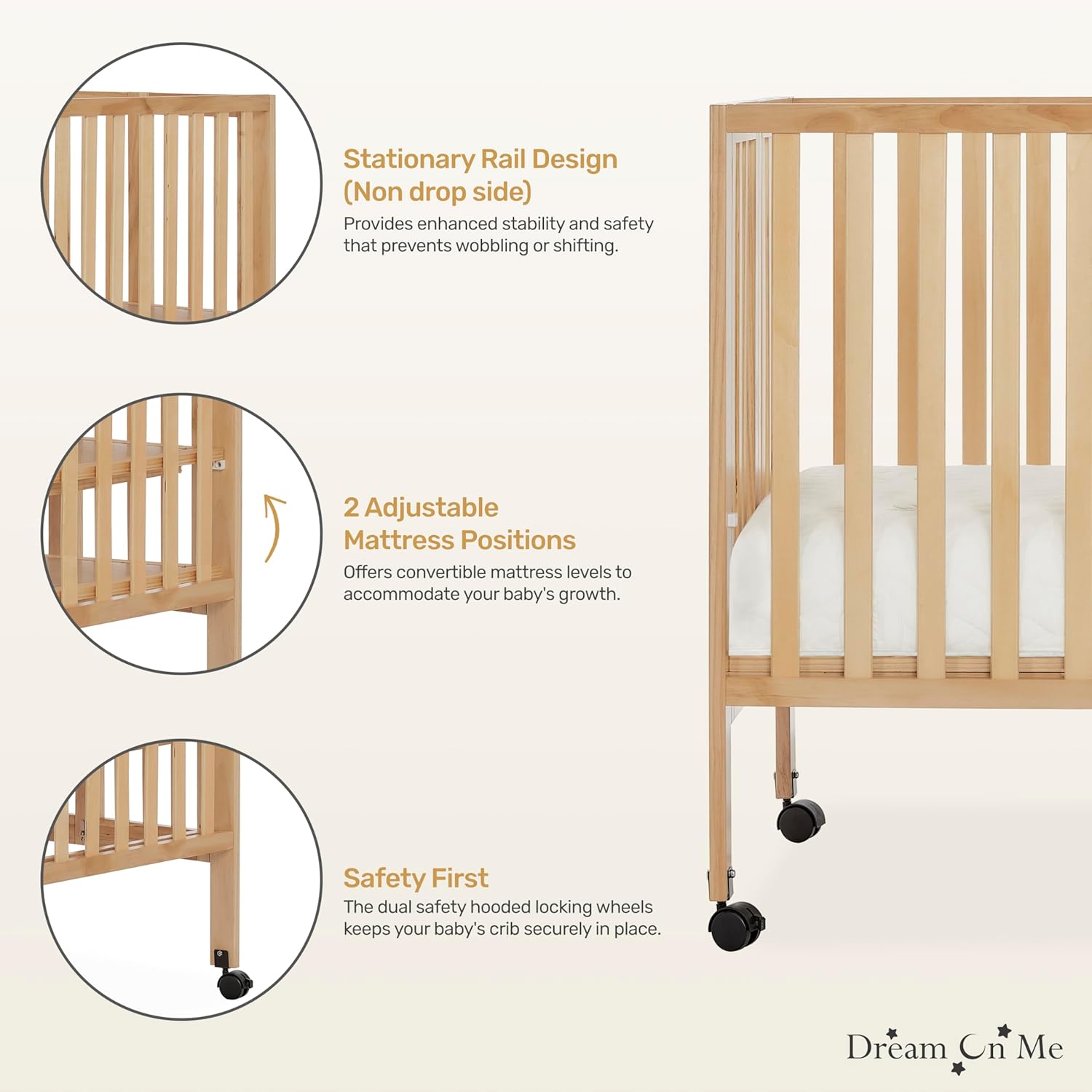 Dream On Me Quinn Full-Size Portable Baby Crib in Natural, GreenGuard Gold & JPMA, Patented Quick Fold System, Adjustable Mattress Support, Smooth Wheels, Compact Design, Safe Sleep Assurance