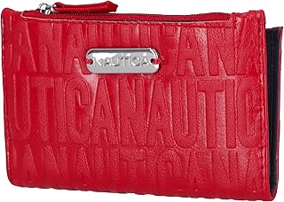 Nautica High Tide Small Wallet for Women, RFID Blocking Slim Credit Card Holder with Zipper Coin Pocket, Bifold Compact Wallet with ID Window, Red Printed