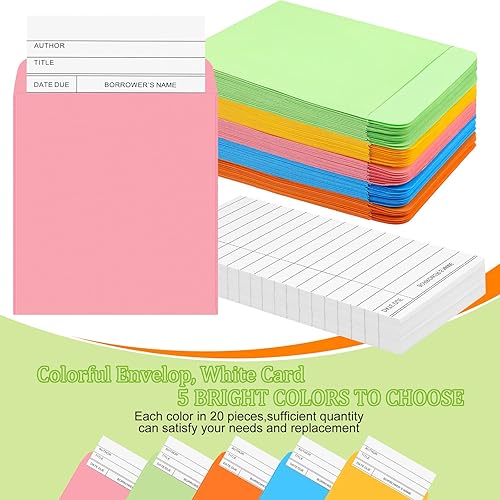 Miniatura 18 de 200 sobres de bolsillo de biblioteca y tarjetas para libros, incluyen 100 sobres de bolsillo autoadhesivos y 100 suministros de biblioteca