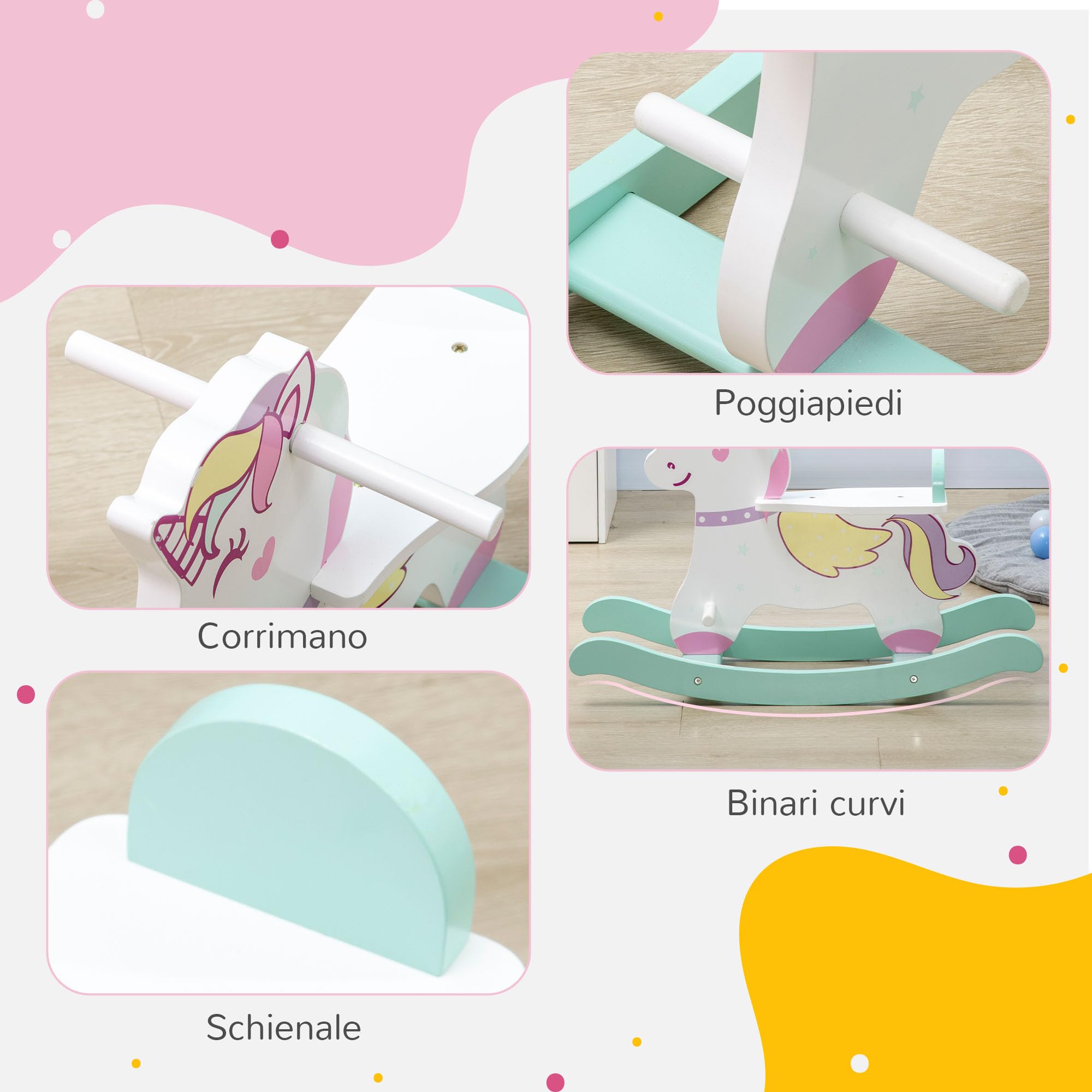 HOMCOM Cavallo a Dondolo per Bambini 1-3 Anni Cavalcabile, Cavalluccio a Dondolo con Maniglie, Schienale e Pedali in MDF, 68x27x47.5 cm, Blu Rosa Bianco