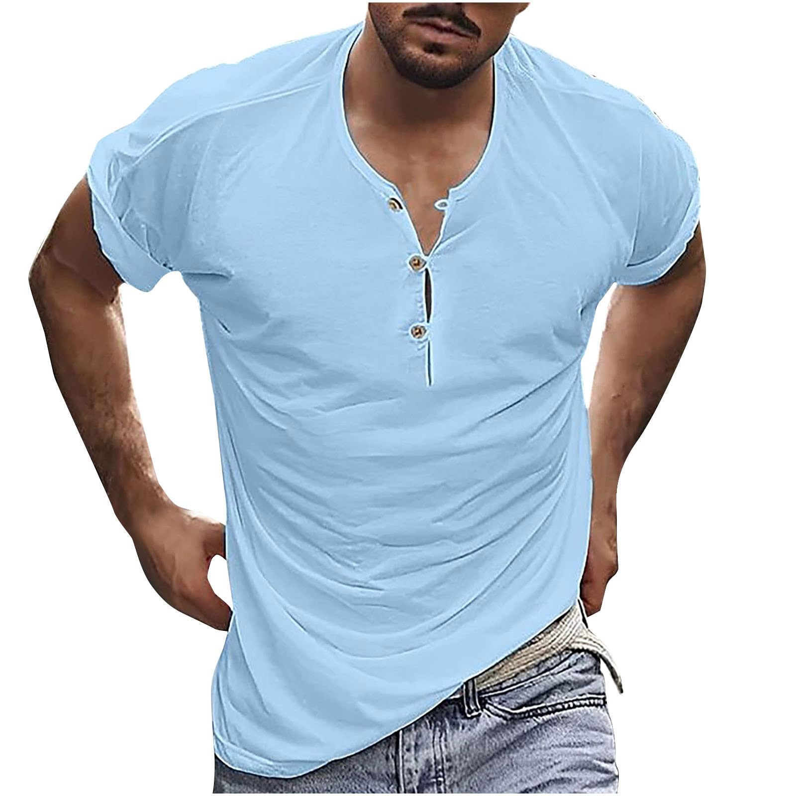HAOLEI Camisetas Manga Corta Hombre,Casual Camiseta Hombre de Cuello Redondo con Botones Colores Puros Camisetas Hombre Camiseta Verano en Distintos Colores Basica y Ligero Camisetas Deporte Hombre