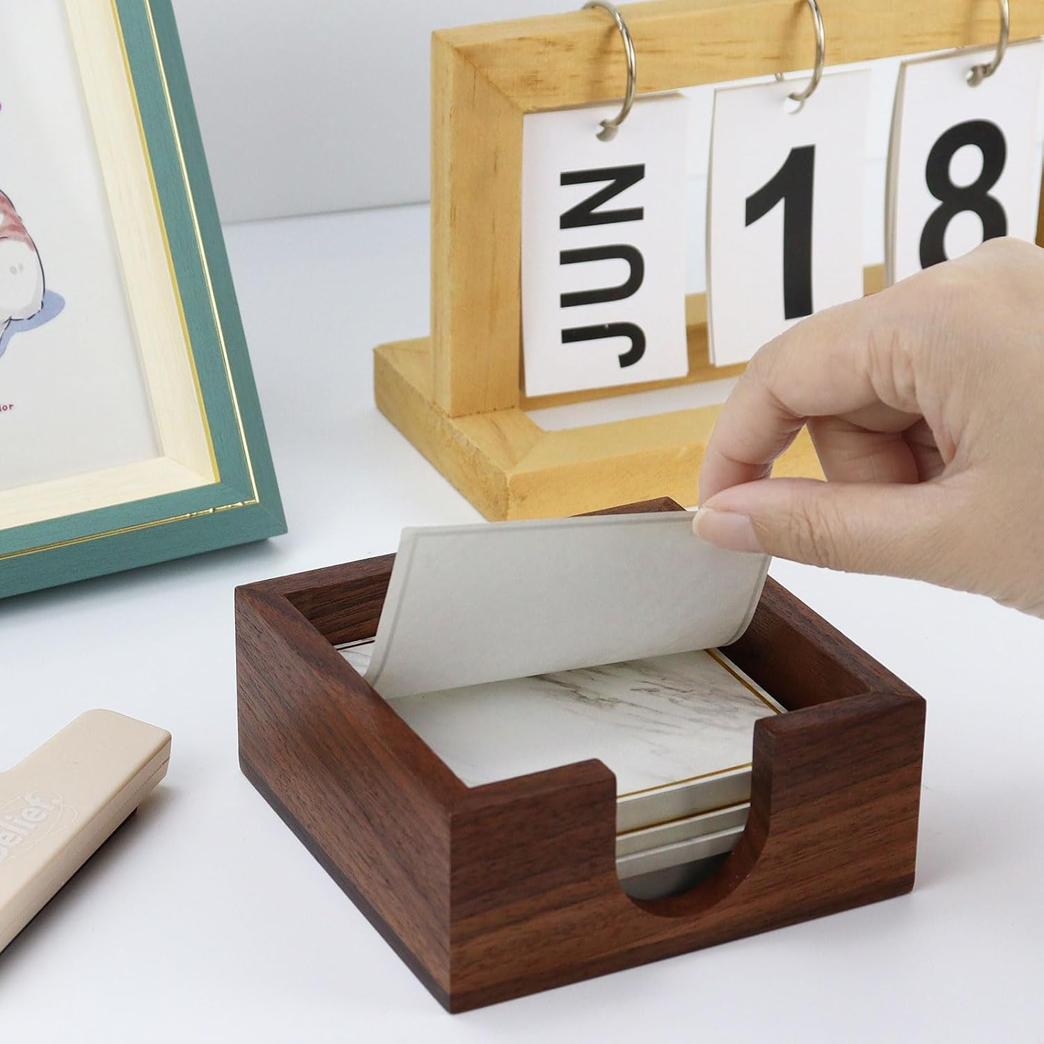 Buqoo Walnut Wooden Sticky Note Holder, Memo Pad Dispenser Desk Organizer | Solid walnut sticky note holder with thick wood design, fits 3x3 memo pads and keeps your desk organized with style