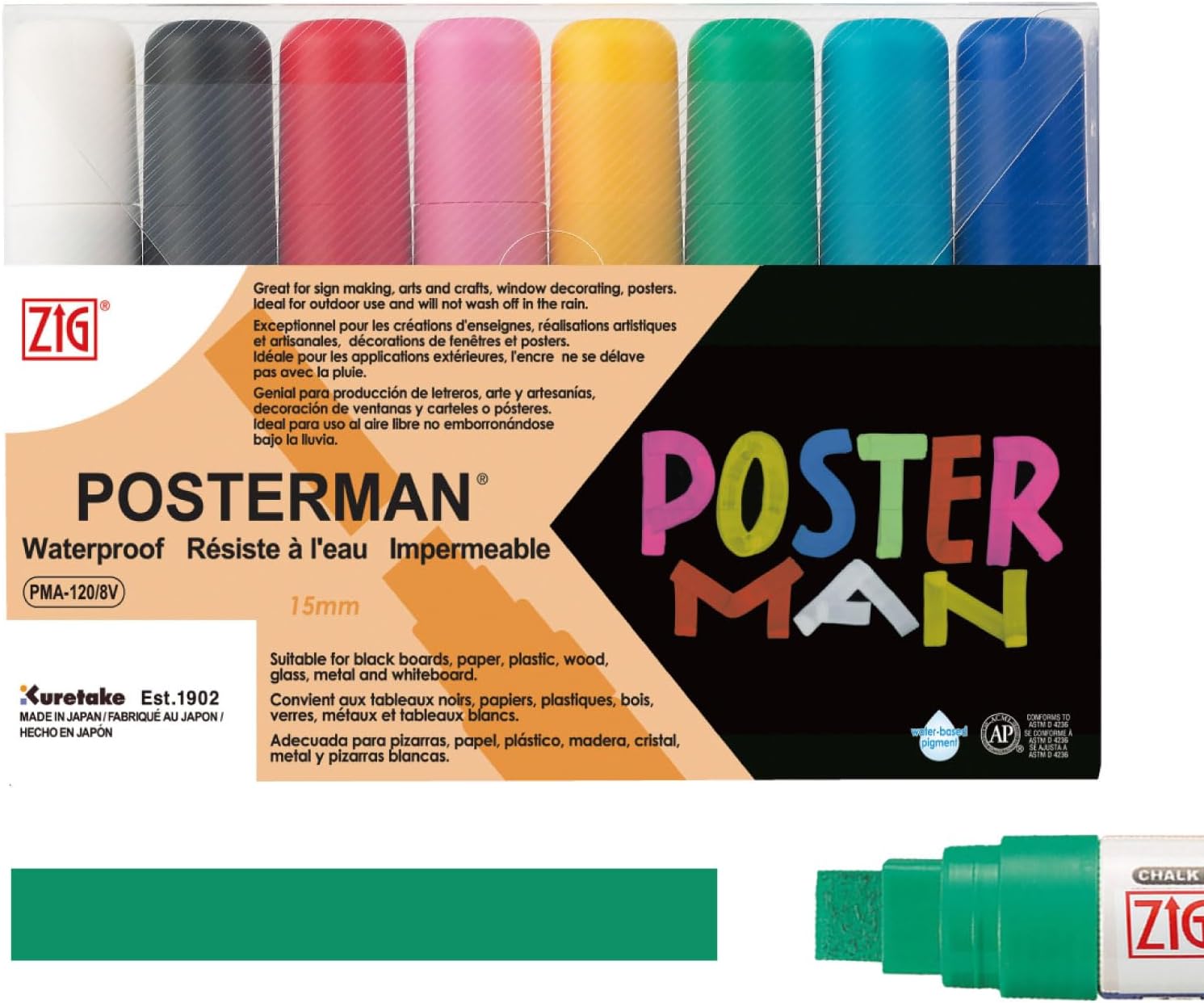 Kuretake ZIG POSTERMAN Acrylic Marker, 15mm Big & Broad Point, Water Based Pigment, For Blackboard, Paper, Plastic, Wood, Glass, Metal, and Whiteboard, Set of 8, Made in Japan, PMA-120/8V
