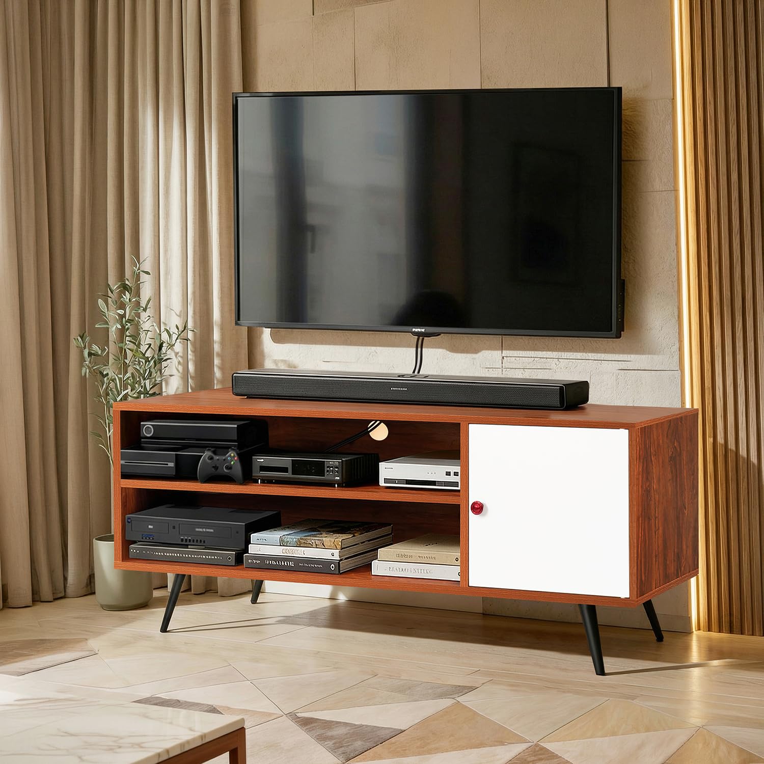 ABOUT SPACE TV Unit - Engineered Wooden TV Stand Table with Cable Hole, Cabinet with Door, Adjustable Shelf for WiFi Router Stand for Living Room, Bedroom (White & Oak Red - L 120 x B 40.5 x H 55 cm)-image-33