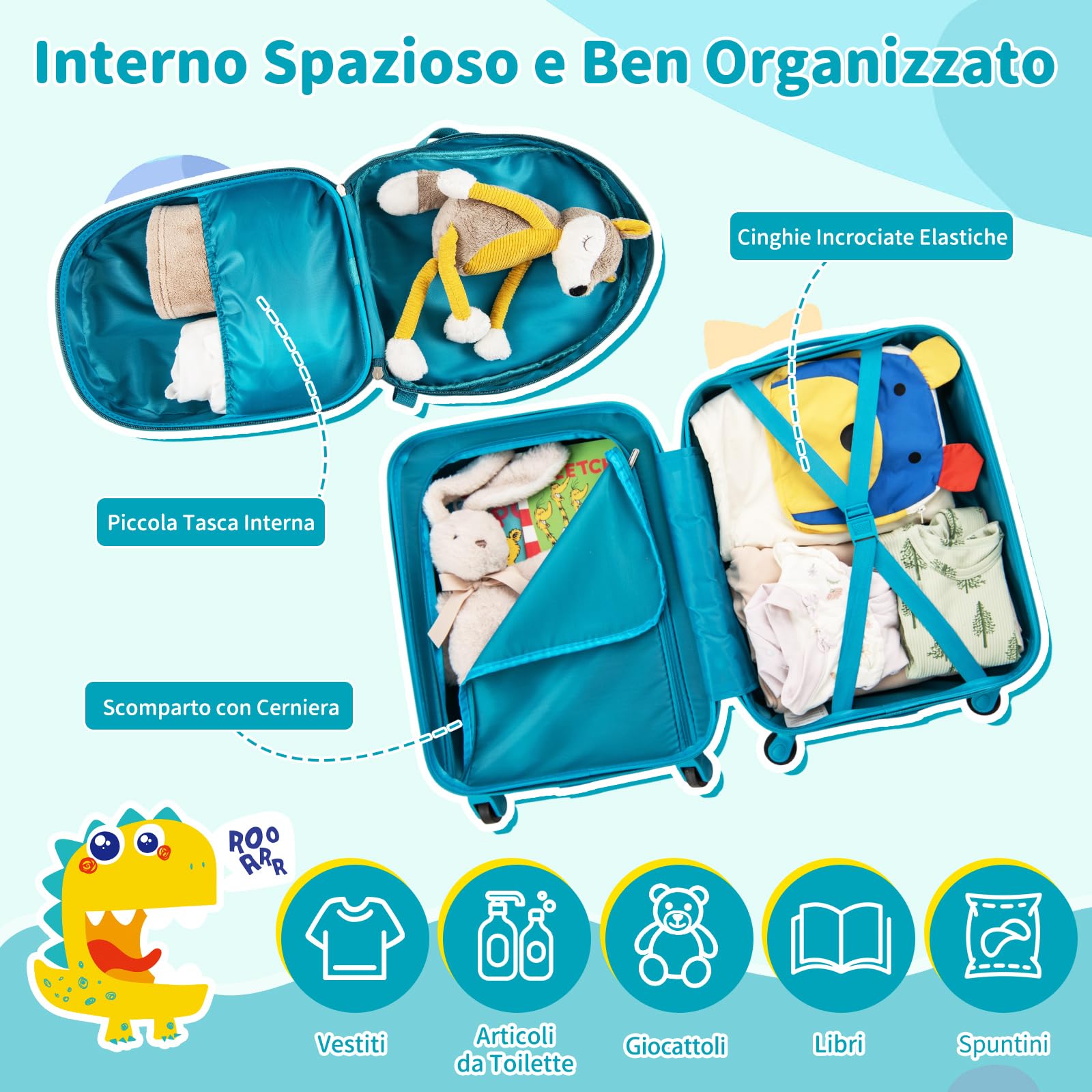 GYMAX 2 Pezzi Set Valigia per Bambini con Zaino, Trolley per Bambini con Ruote, Maniglia Telescopica, Valigia Leggera a Mano, Bagaglio per Aereo, Valigia per Ragazzi e Ragazze (Dinosauro)