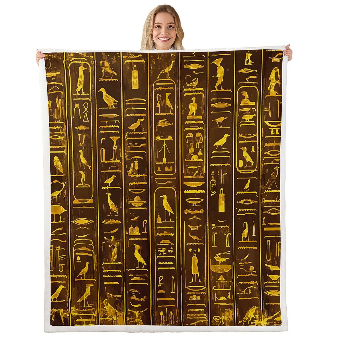 Ancient Egypt Fuzzy Egyptian Wall Pattern Sherpa Blanket for Sofa Bed Couch Ultra Soft Egypt Culture Fleece Throw Blanket Tribal Bed Decor Fuzzy Baby