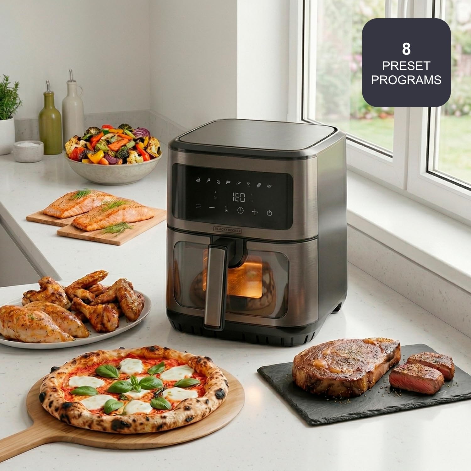 Black+Decker Frytkownica bezolejowa BXAF2501E | 1600 W | 6,5 l | 8 programów | wyświetlacz dotykowy, temperatura 80 – 200 °C, okno sterowania, równomierne gotowanie, minutnik, alarm dźwiękowy
