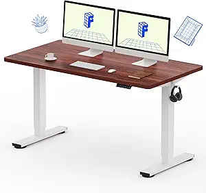 FLEXISPOT EN1 One-Piece Standing Desk, 55 x 28 Inches Electric Height Adjustable Desk for Home Office (White Frame + Mahogany Desktop, 2 Packages)