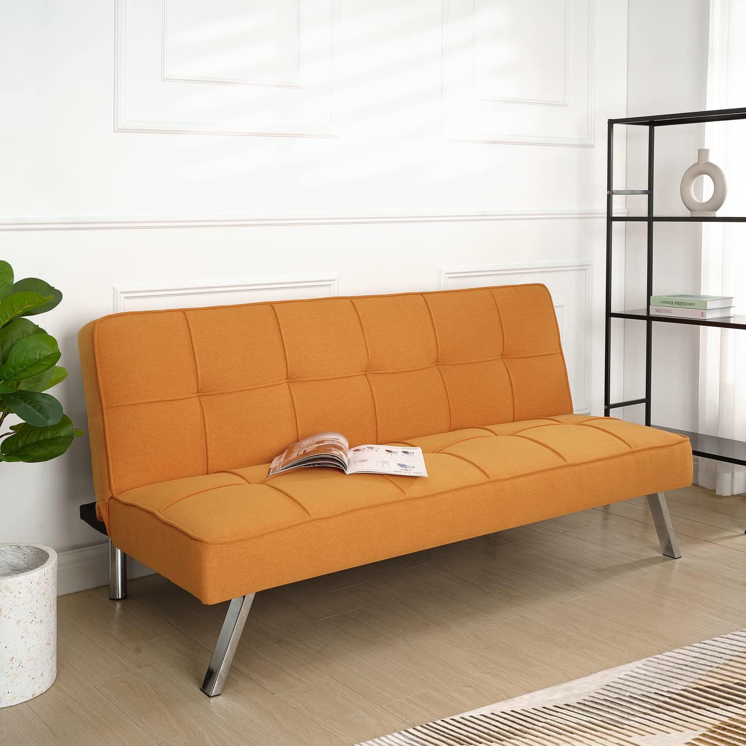 Madison Modern Futon Sofa Bed - Compact Design for Small Spaces - Convertible Futon with Linen Fabric for Premium Comfort - Ideal Guest Couch - Stylish & Durable, Supports up to 750 lbs. - Tangerine