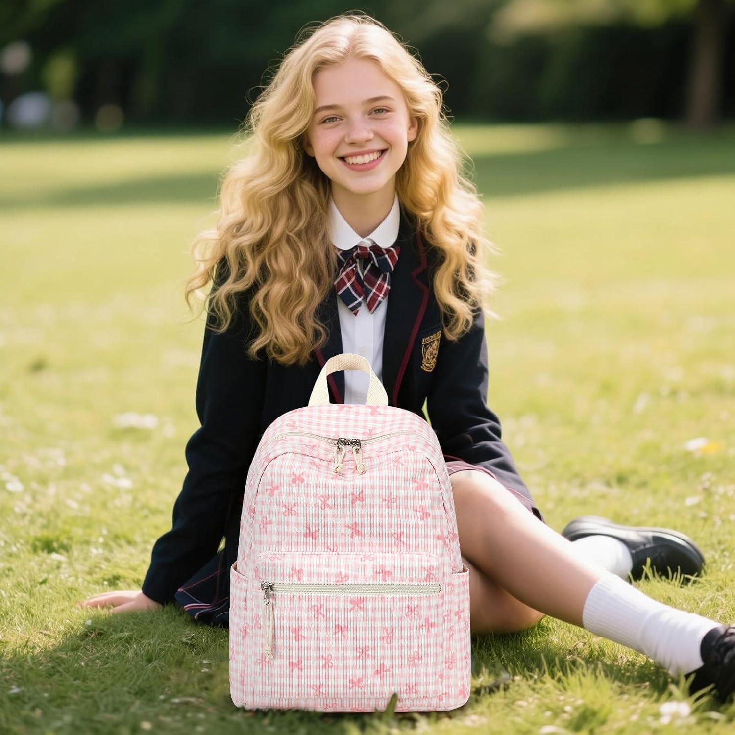 LEDAOU Mini Backpack Set Fashion Bookbags with Purse Wallet Cute Backpack Set for Women Teens School Travel Bag (2pcs+wallet, Pink Bow Checkered)