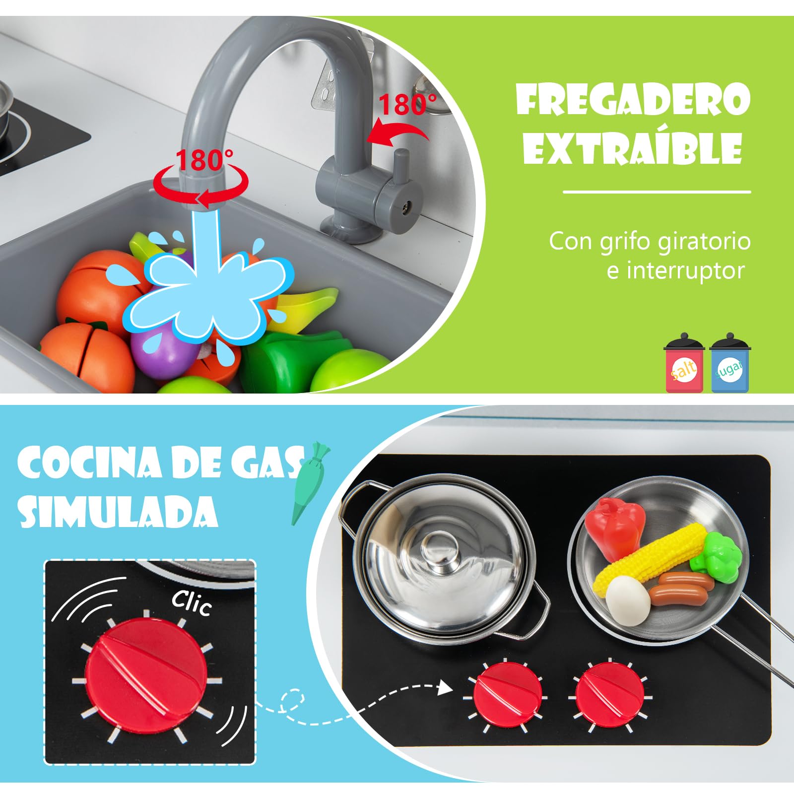 COSTWAY Cocina de Juguete para Niños, Cocinita Infantil de Madera con Microondas, Campana Extractora, Estufas, Fregadero de Juguete, Horno, Fabricador de Hielo y 18 Accesorios (Blanco)