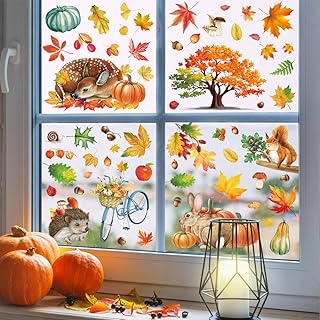 Fall Window Clings,Autumn Window Clings,Thanksgiving Decorations,9 Sheets Double-Side Pumpkin Leaves Window Stickers for Autumn Harvest Thanksgiving Home Party Shop Display Decoration