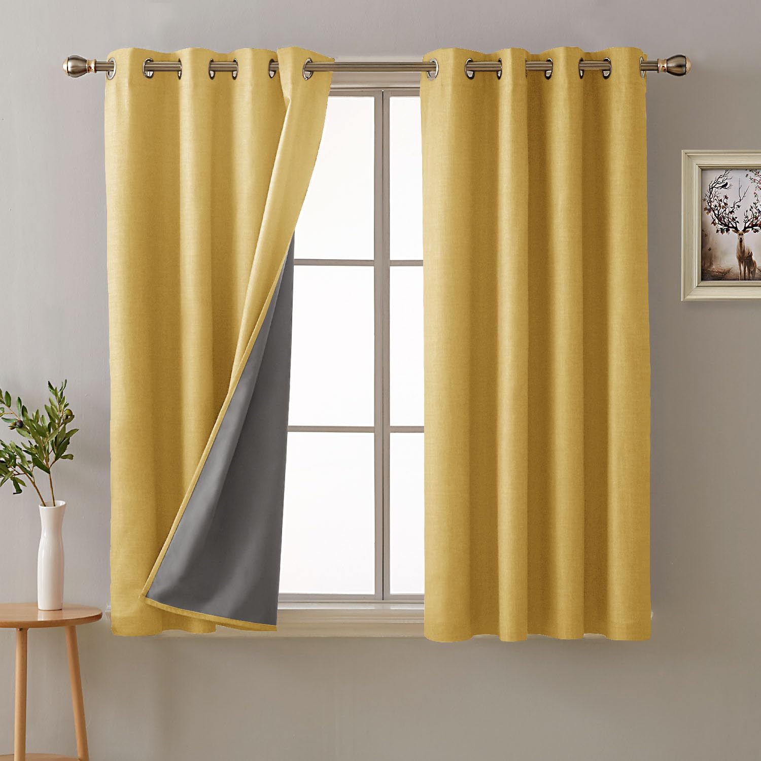 Deconovo 100% Blackout Curtains Faux Linen Thermal Insulated Eyelet Curtains for Bedroom Living Room with Energy Saving Coating Yellow W46 x L54 One Pair