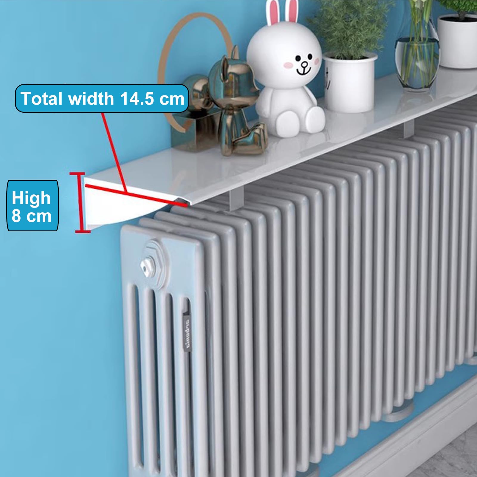 Ripiani per radiatore in lega di alluminio, senza trapano, mensola galleggiante da 14,5 cm di larghezza, 35 200 cm di lunghezza, bianco sottile copertura riscaldante con staffa da 8 cm, supporta 20 kg