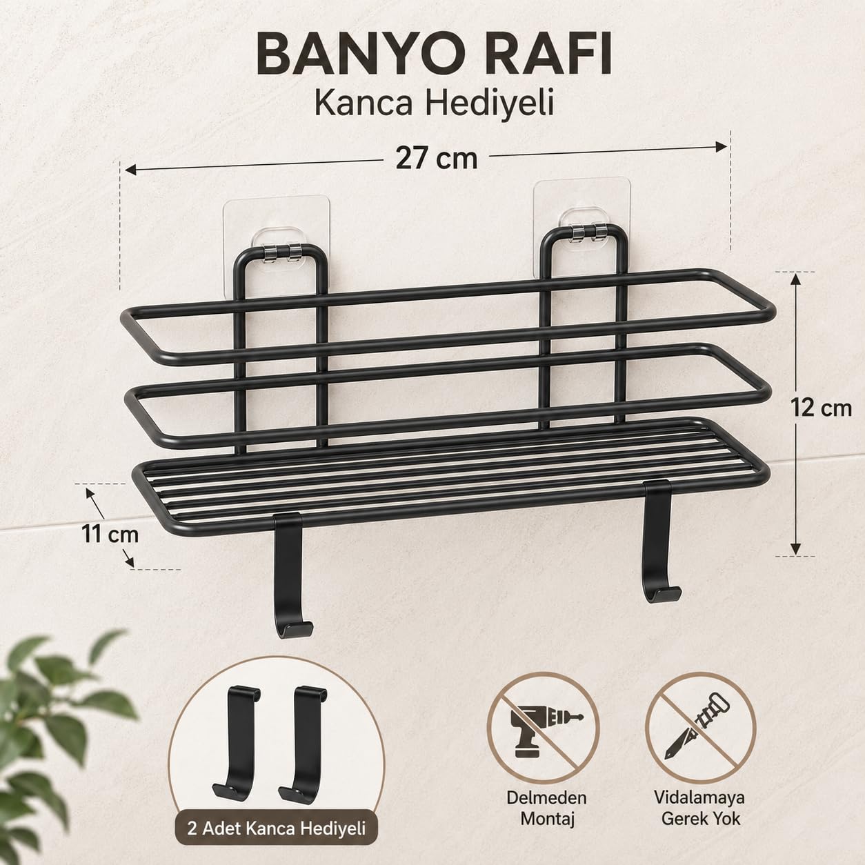 Alper Banyo Siyah Yapışkanlı Banyo Rafı, 2 Kancalı Duvar Tipi Banyo Organizer, Şampuanlık ve Aksesuar Rafı, Delmeden Kolay Kurulumlu Metal Banyo Düzenleyici