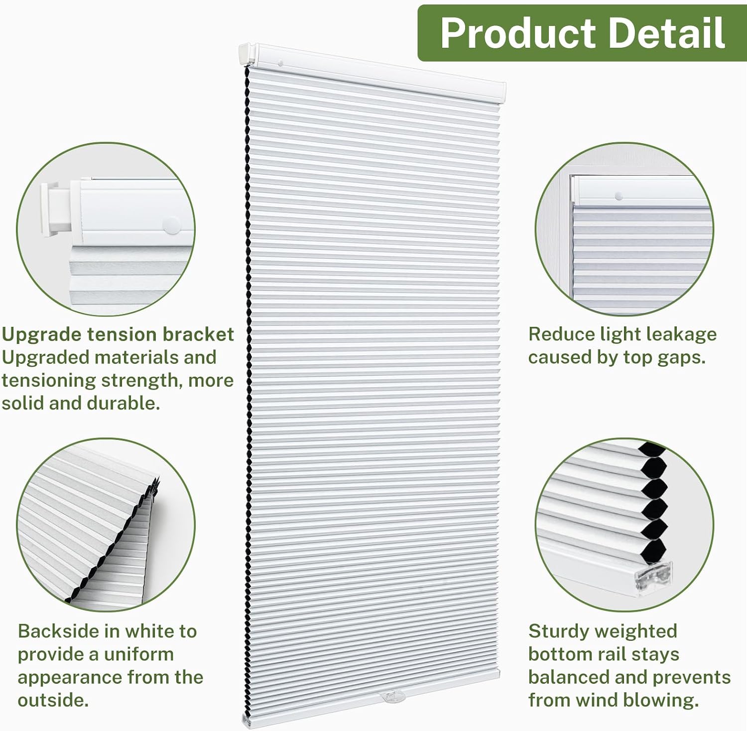 MiLin Cordless Cellular Shades - No Drill Cellular Blinds No Tools for Windows Bottom Up Blinds Tension Shades Easy to Install for Home Office (Upgrade Blackout White, 34 1/2" W x 64" H)