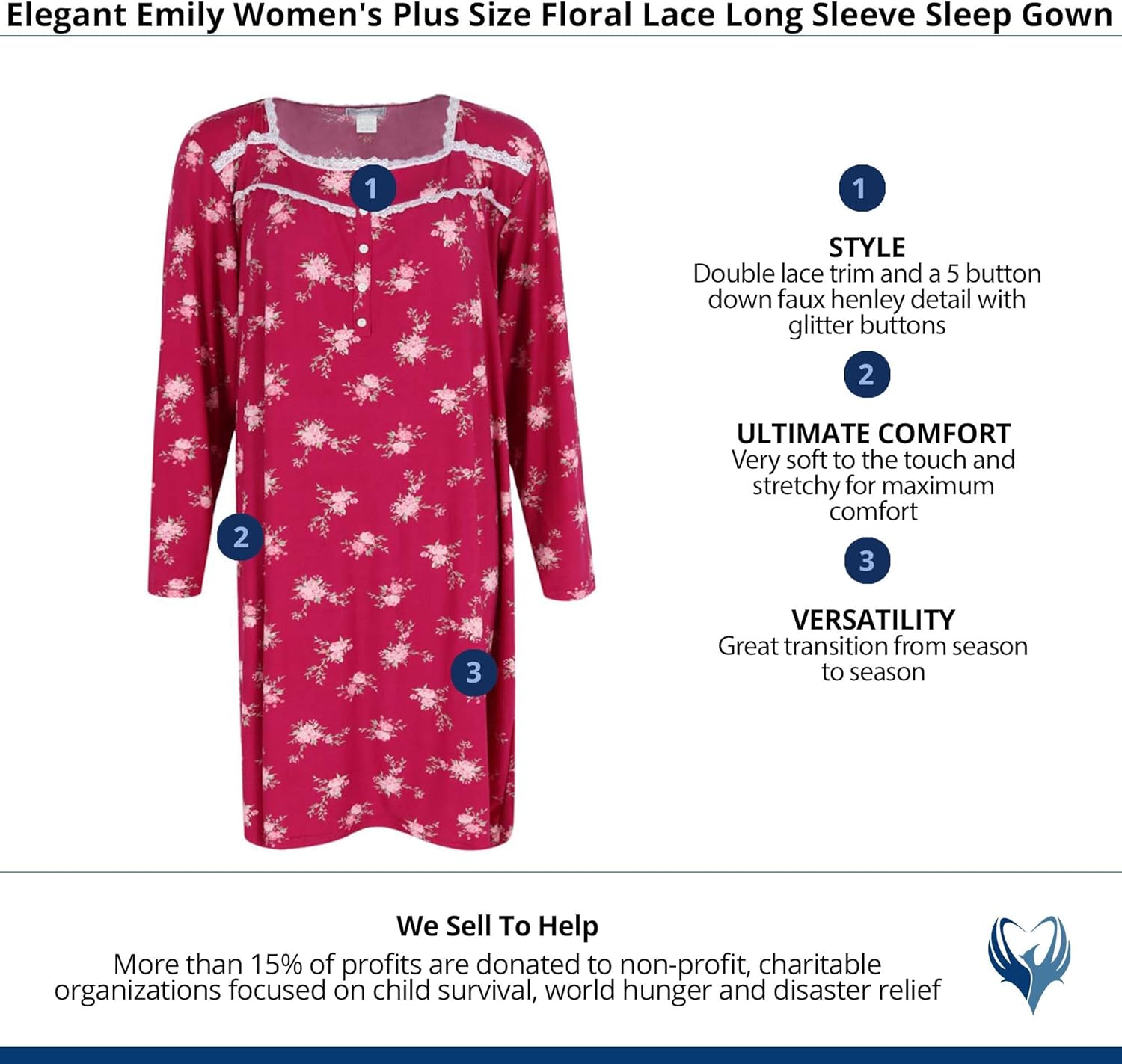 Elegant Emily レディース プラスサイズ フローラルレース 長袖 スリープガウン