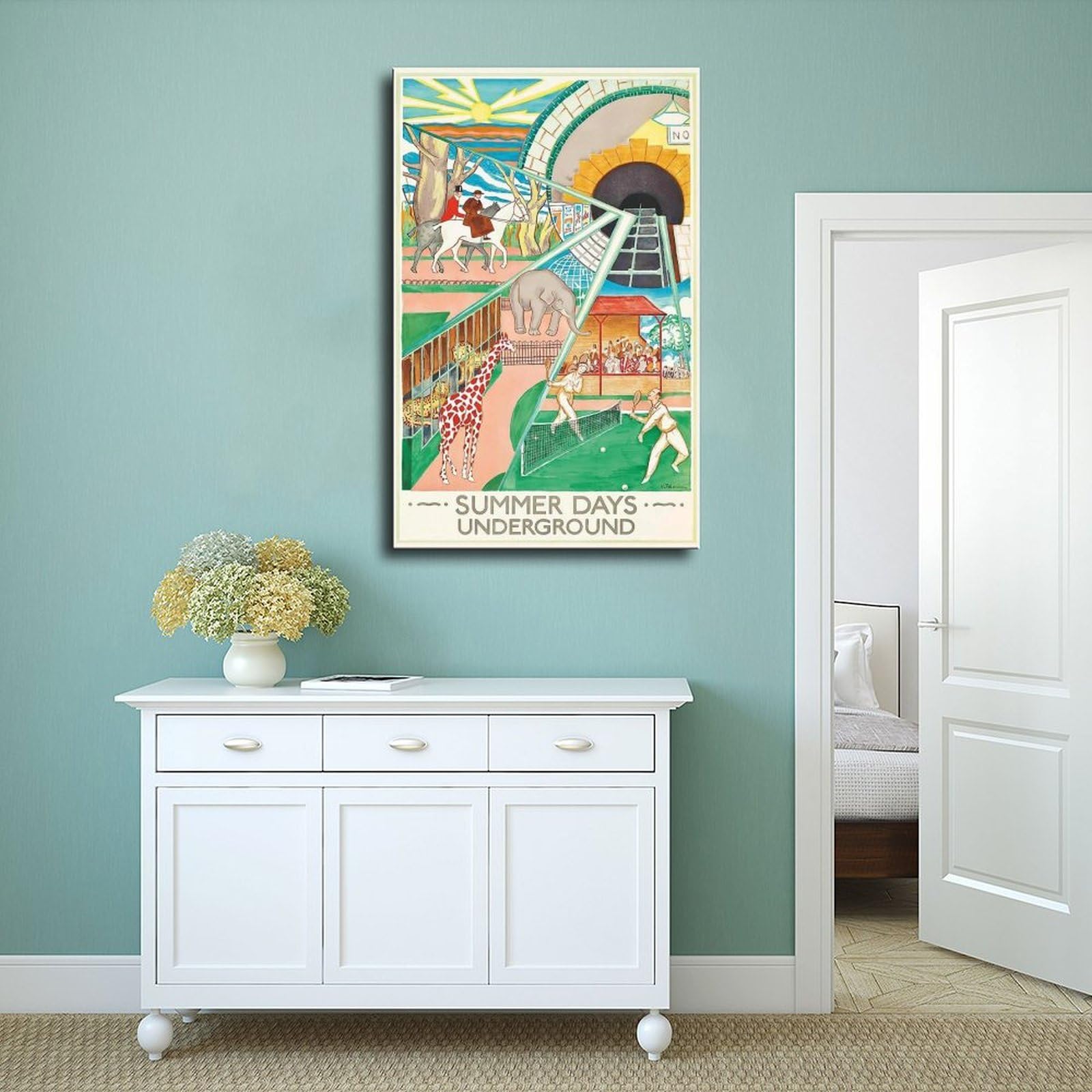 QOGDAF Poster su tela con stampa di Londra Underground Summer Days Travel Decor per camera da letto, ufficio, camera da letto, regalo, 60 x 90 cm